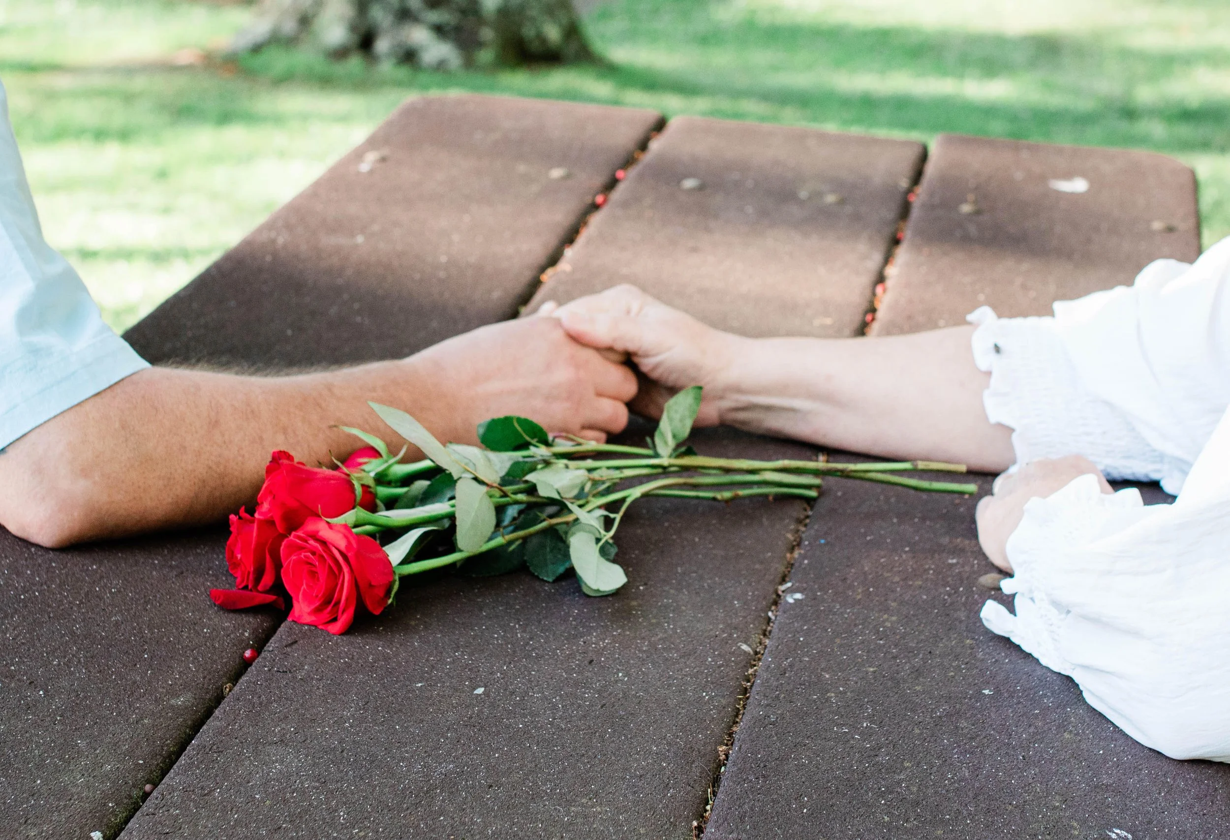 Holding Hands for Forty Years — I captured this photo in a State Park of a couple celebrating their 40th Anniversary. He brought her red roses and they held hands across a picnic table. I thought it was a simple gesture, but beautiful to see them hol