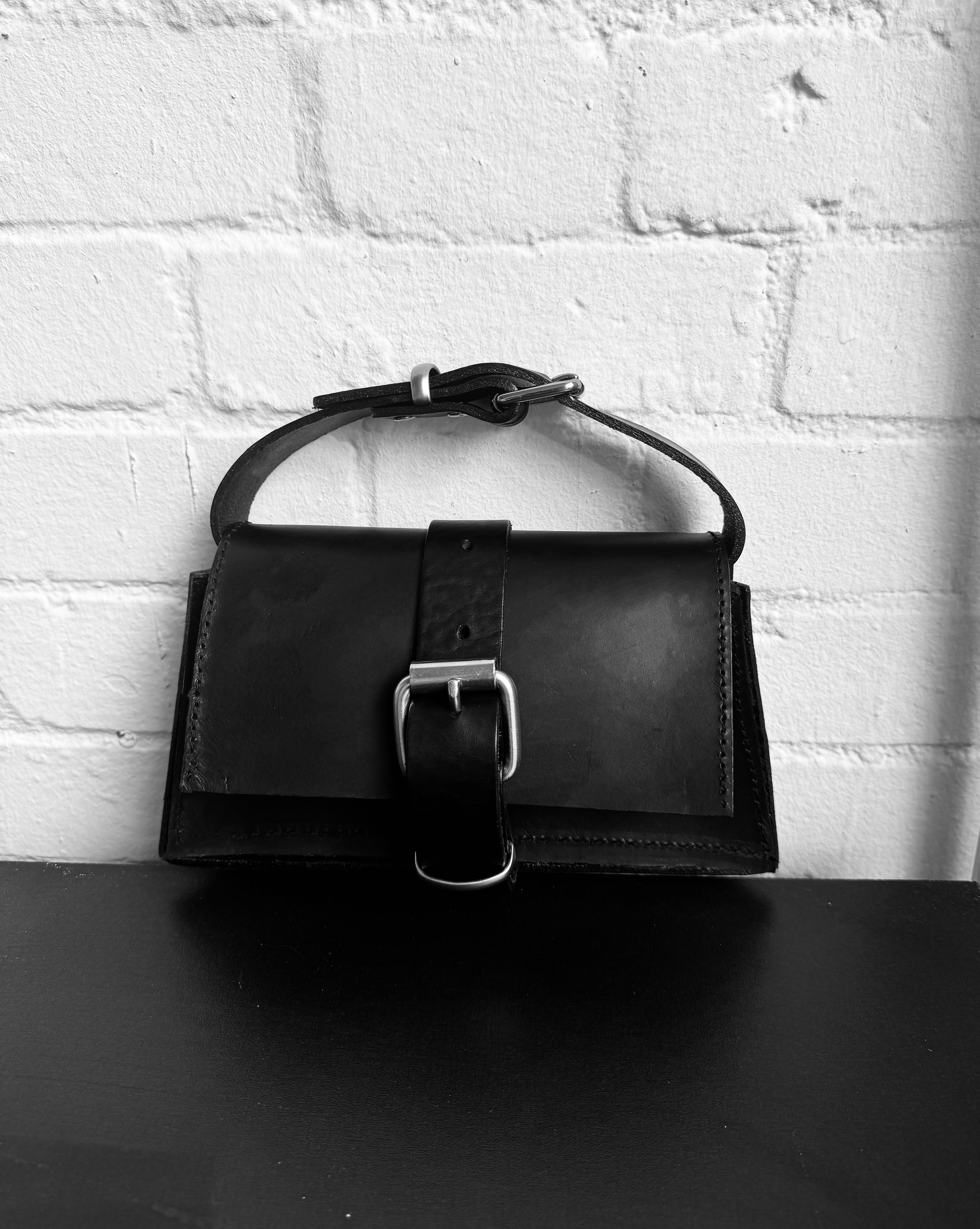 Structured Leather Black Double Belt Clutch Bag