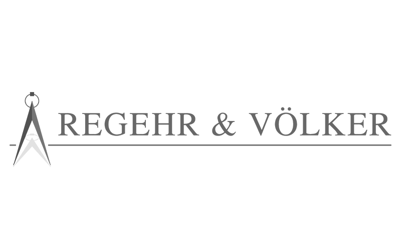 Das Bild zeigt das Logo von Regehr & Völker mit einem stilisierten geometrischen Zirkel als grafisches Element auf der linken Seite.