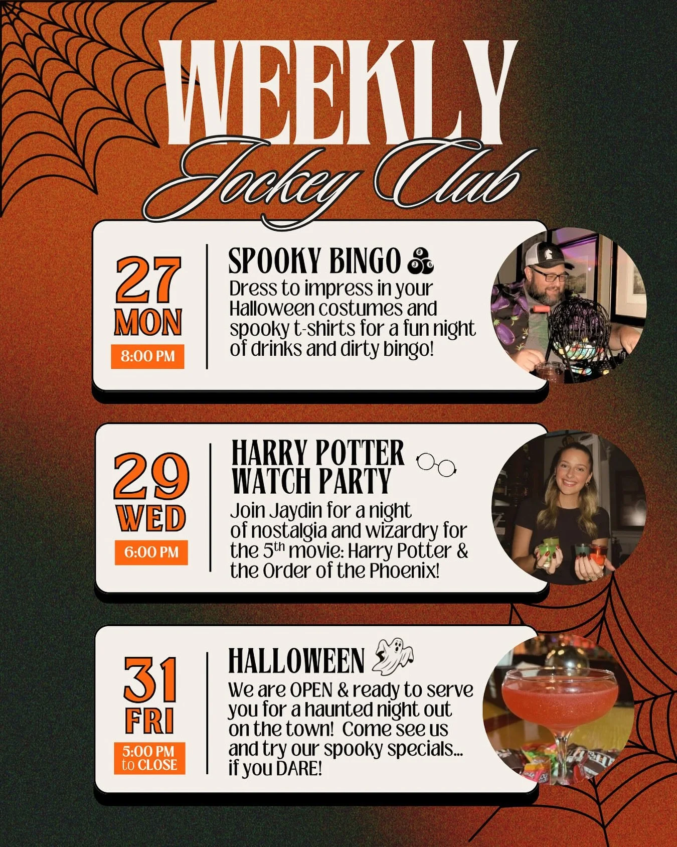 🌙🎃👻HAPPY HALLOWEEN👻🎃🌙 We are stocked and ready to serve you with a week&rsquo;s worth of events to celebrate this spooky time of year! 

COMING UP&hellip;
✔️ BINGO
📺 HARRY POTTER WATCH PARTY
🎃 HALLOWEEN NIGHT

We have all the fall specials wa