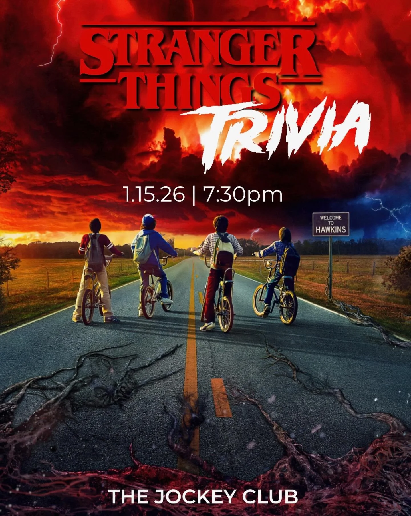 🧇✨ STRANGER THINGS TRIVIA NIGHT ✨🧇
Grab your Eggos and gather your party&mdash;on 1.15.26 at 7:30PM, we&rsquo;re diving headfirst into the Upside Down at The Jockey Club!
Think you know your Demogorgons from your Demodogs? Can you survive Vecna&rsq