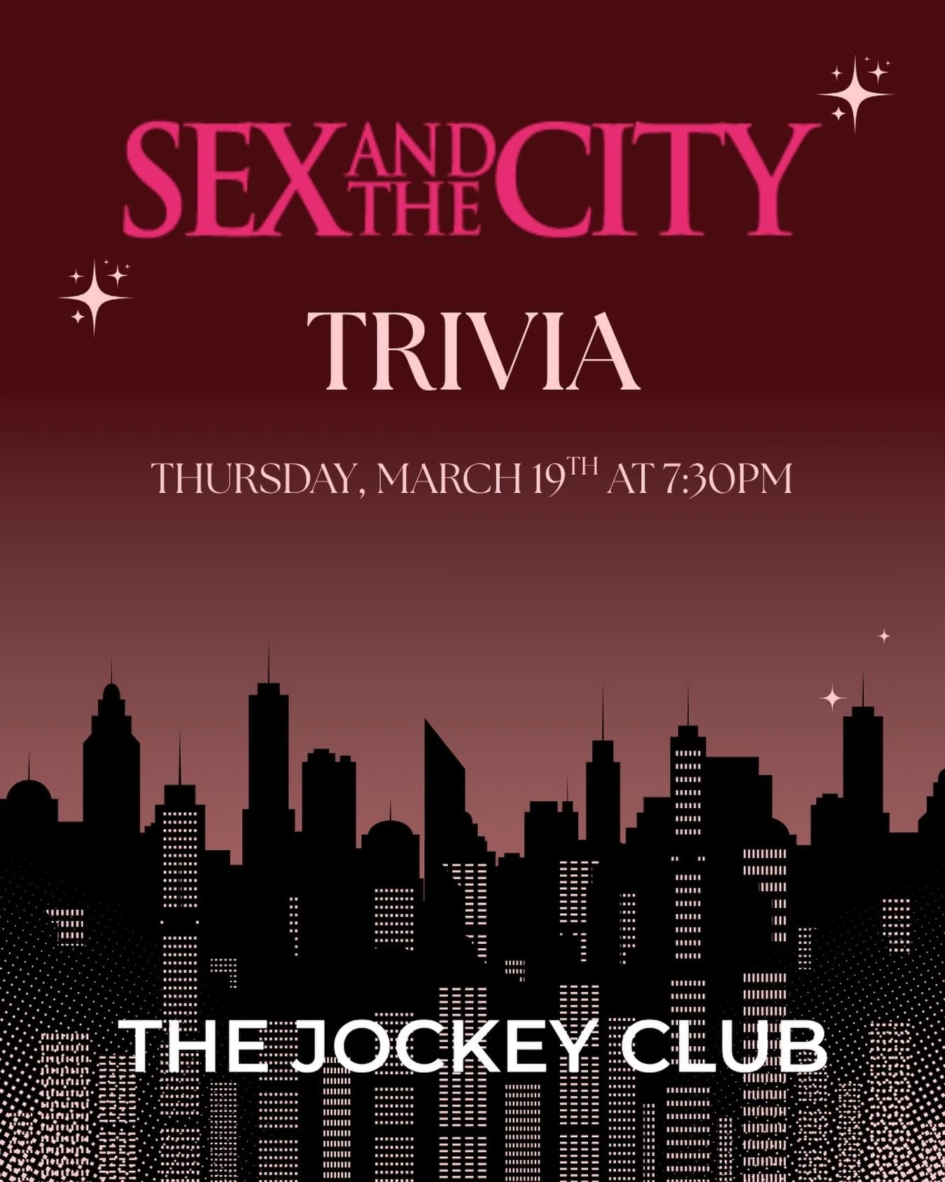 I couldn&rsquo;t help but wonder&hellip;. &ldquo;Are you coming to trivia?&rdquo; 😉
📍The Jockey Club
🗓️ Thursday, March 19th at 7:30pm
🏆 Prizes + 🍸 $8 Cosmopolitans
Dress cute, sip pink and show us what you&rsquo;ve got!
Tag your team and we&rsq