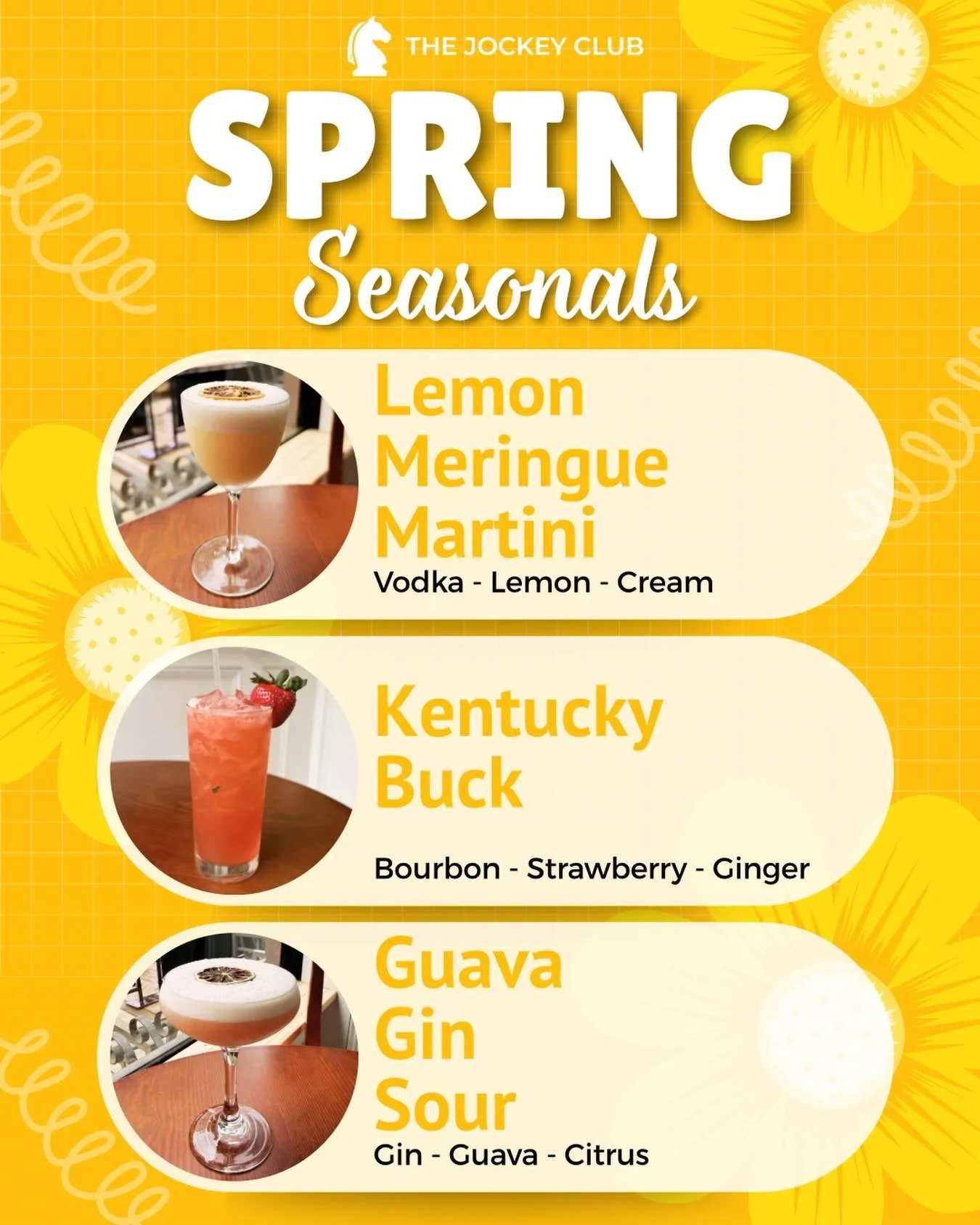 Three reasons to stop in this week:
🍓strawberry + bourbon in the Kentucky Buck
🍋creamy citrus in the Lemon Meringue Martini
🌺tropical tart vibes in the Guava Gin Sour
The spring menu has arrived at the Jockey Club!