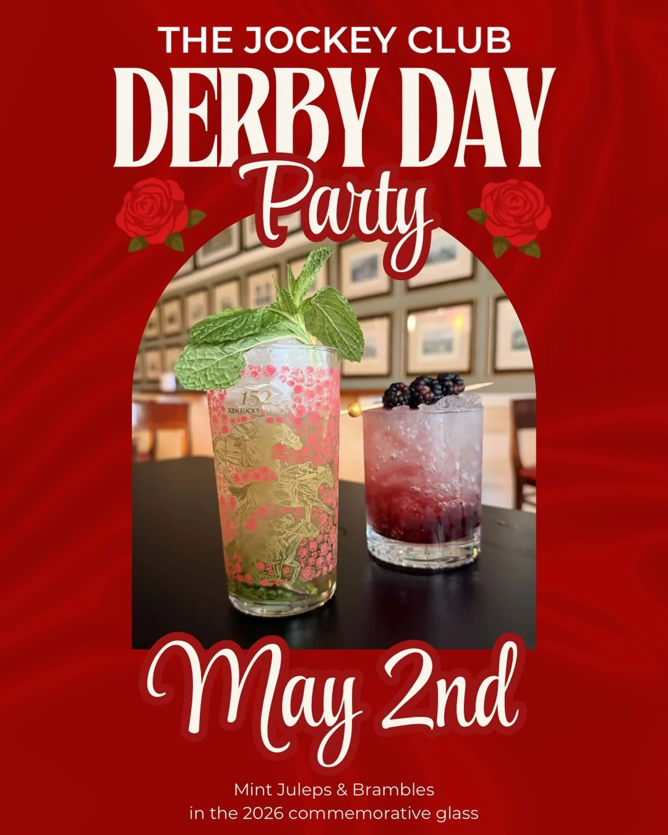 Derby Day belongs at the Jockey 🏇 🌹
On May 2nd, celebrate with a classic Mint Julep or our crowd favorite Blackberry Bramble in the commemorative Derby glass, available for purchase. Prizes for best dressed, best hat, and maybe a fun little wager? 