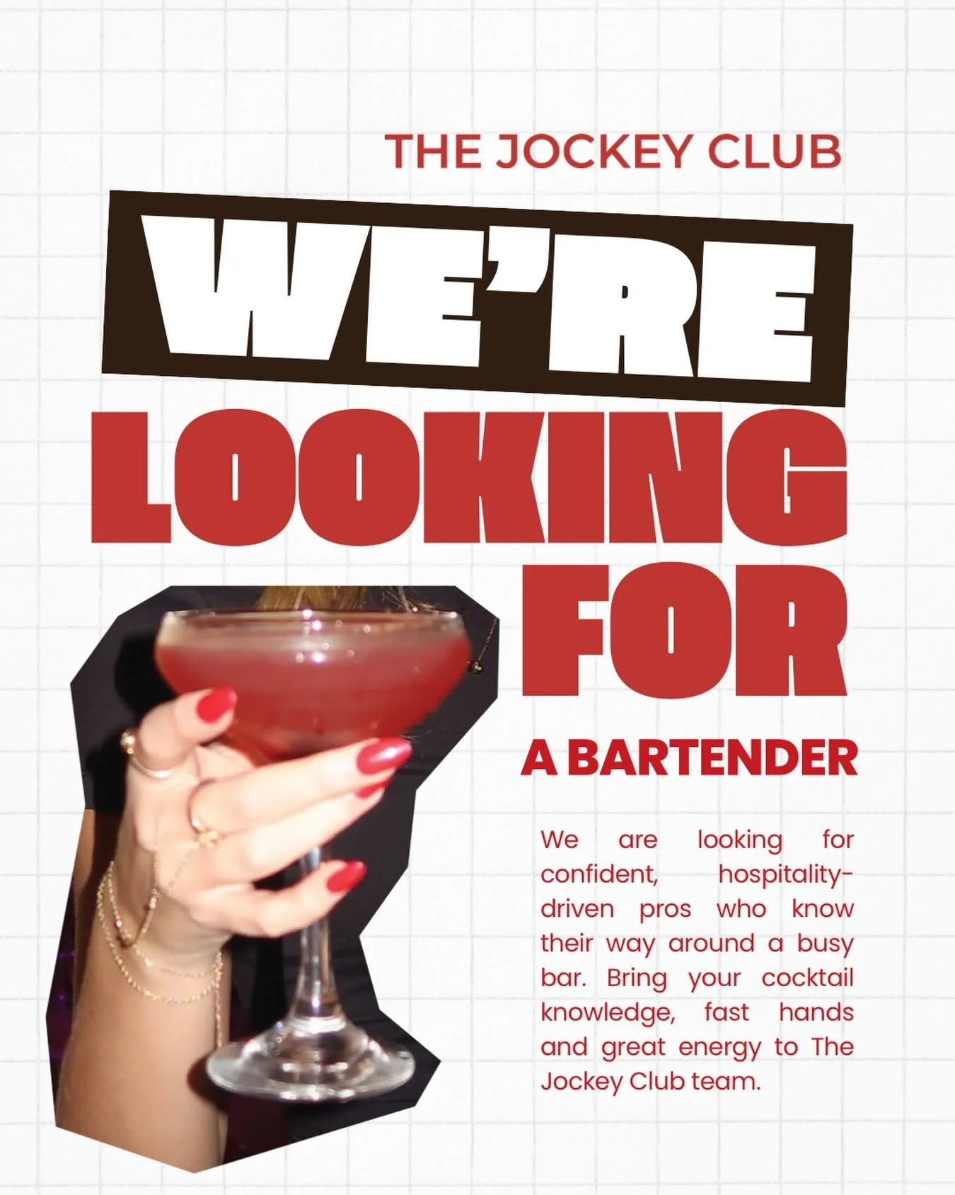 We&rsquo;re hiring at the Jockey Club 💫🏇

We are looking for an experienced bartender who is confident, comfortable with classic cocktails, and ready to bring great energy to a busy room. 
Experience is required. If you know your way around a shake