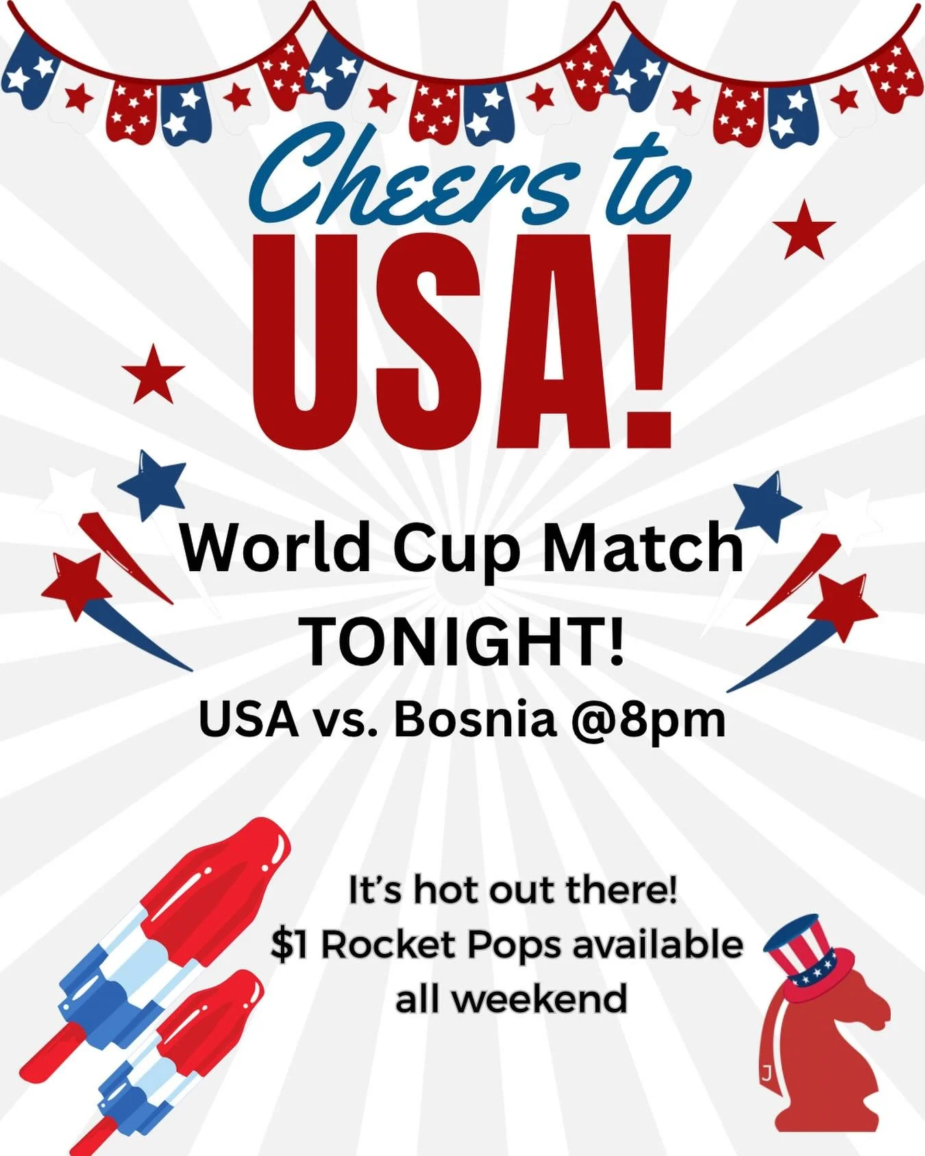 We love soccer ⚽️ So stop by and see us tonight! Game is on all 3 screens at 8pm, Mark is behind the bar&hellip; and oh yeah! We have $1 rocket pops ALL weekend! It&rsquo;s frickin&rsquo; hot 🥵 out there and Jockey has all you need to cool down, tak