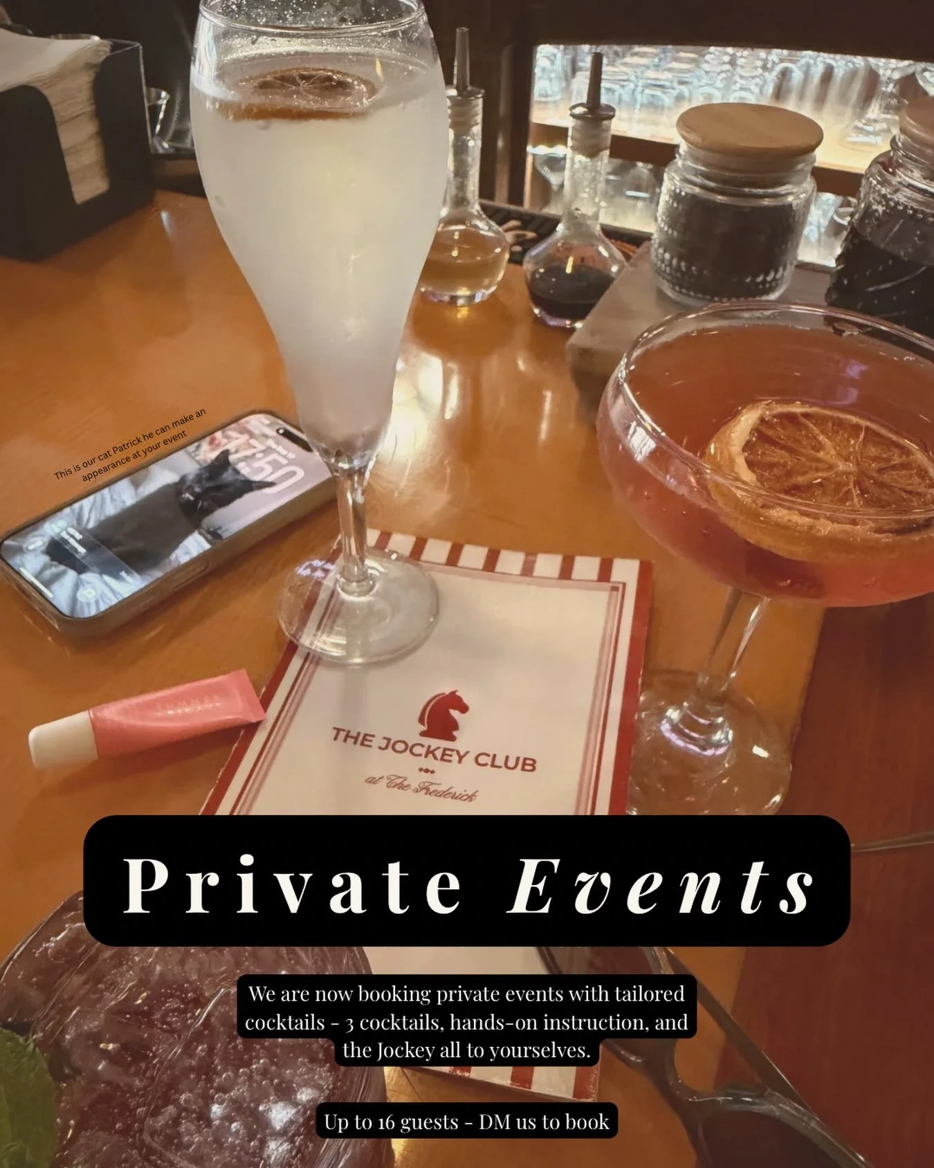We&rsquo;ve got a little something up our sleeve. 🐎🍸

The Jockey is now booking private cocktail classes for birthdays, bachelorettes, anniversaries, celebrations, or really just a good excuse to get people together.
You&rsquo;ll get the Jockey to 