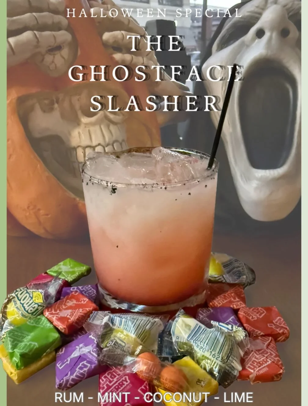 NEW COCKTAIL ALERT🚨 
This Halloween season we are serving up killer vibes with the Ghostface Slasher. 👻🩸
Don&rsquo;t let the innocent look fool you- underneath a refreshing blend of rum, coconut, mint and fresh lime lies a hit of grenadine that &l