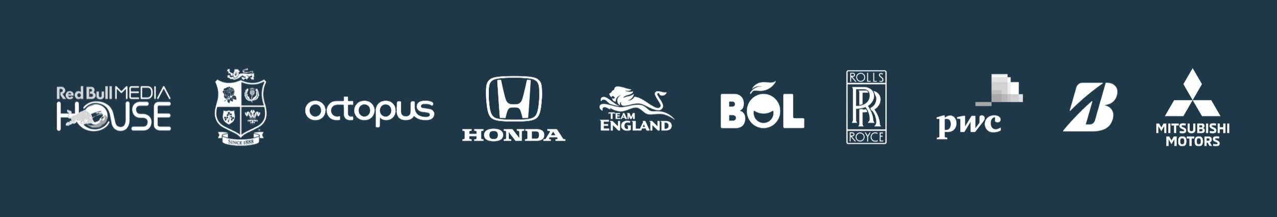 Clients including Red Bull, Octopus, Honda, Rolls-Royce, PwC, Range Rover and Bridgestone.