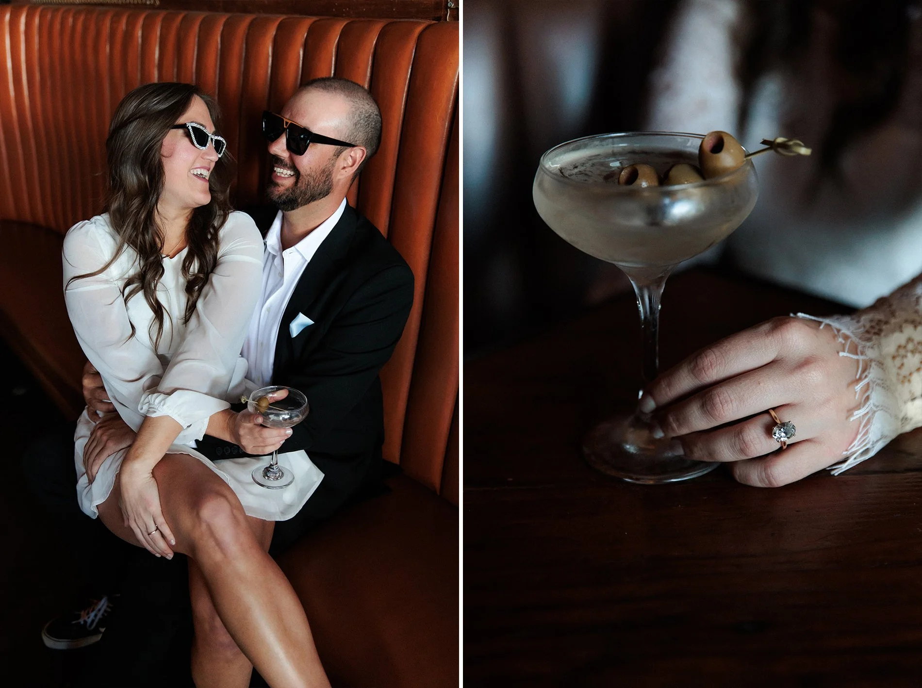 San Diego engagement photos of a couple seated laughing together in a bar.