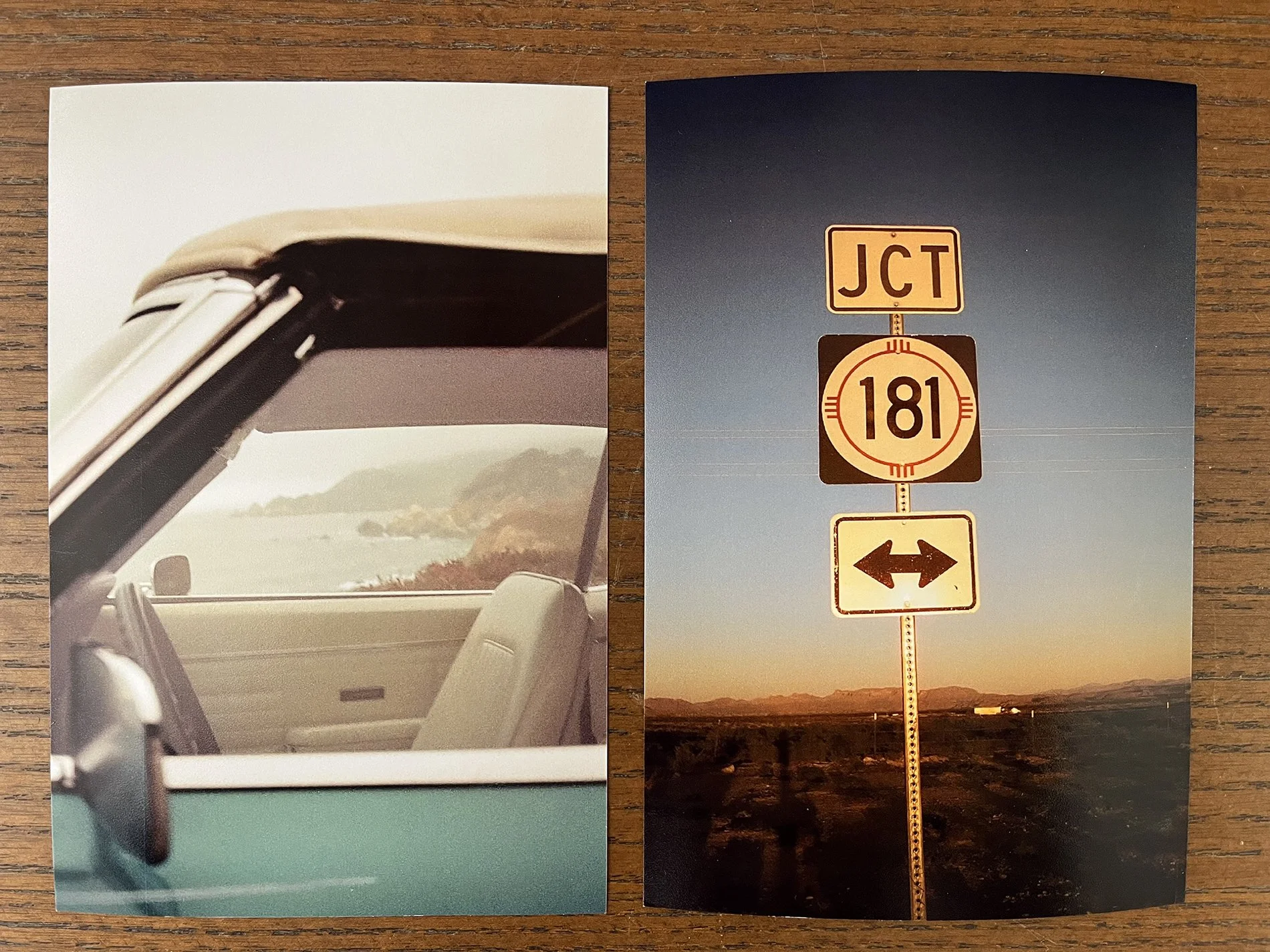 Two photos, on left a classic car parked at a Central California rest stop. On right a New Mexico highway on a remote Indian reservation.