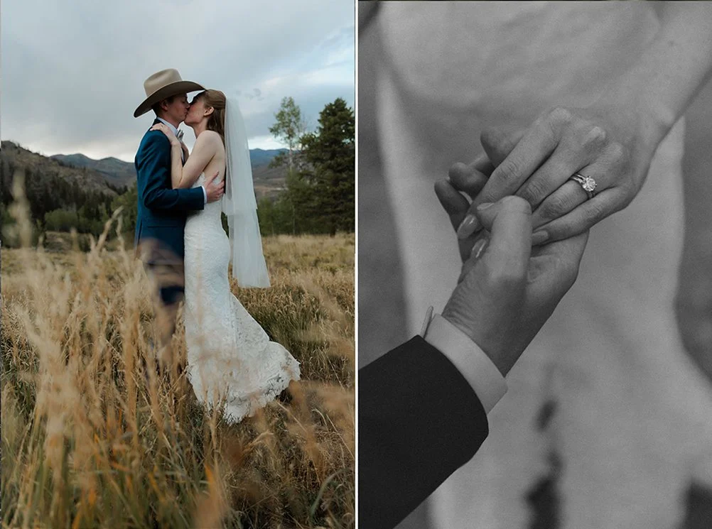 Groom holds and kisses his bride in a scenic overlook at Antler Basin Ranch Hotel in Granby CO.