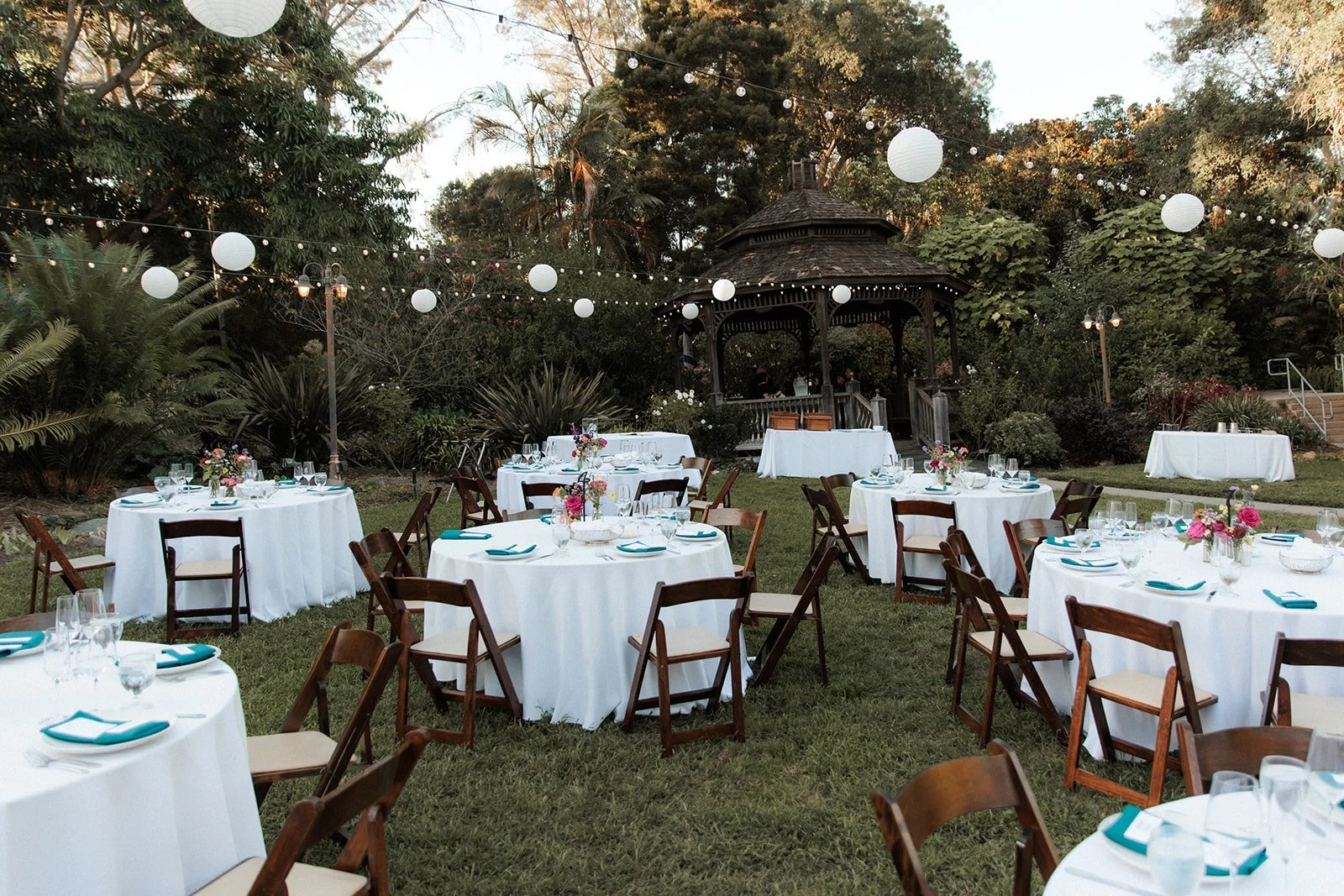 Beautiful wedding reception set up at San Diego Botanic Garden.