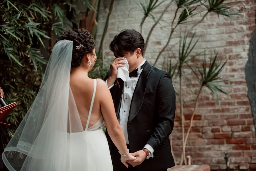 Groom is emotional during the wedding vows at Millwick, Los Angeles.