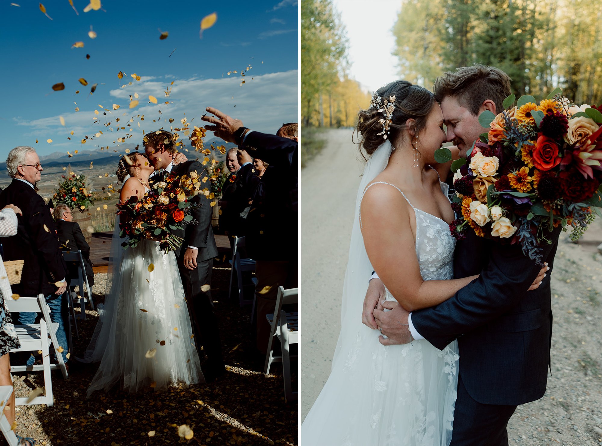 Two photos, on left guests throw petals at couple during their wedding ceremony while bride and groom kiss, on right the couple embraces among the trees. Mountain wedding in San Diego County.