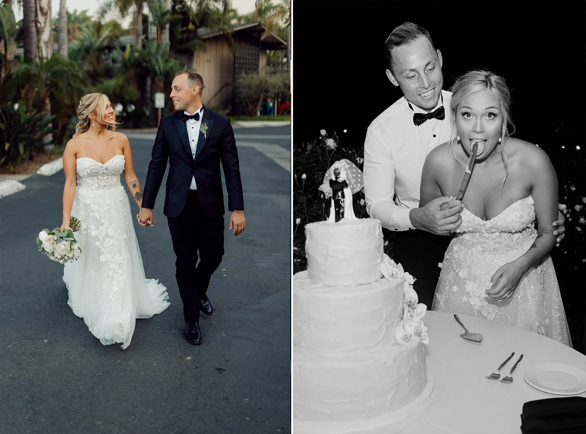 Two photos, on left bride and groom walk to their San Diego wedding, on right bride and groom are cutting their cake.