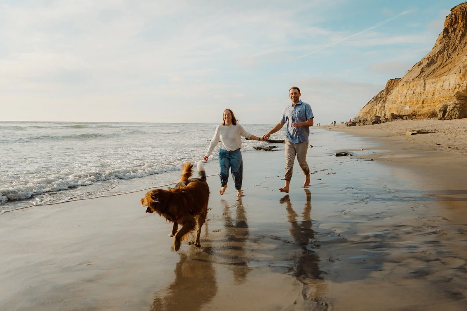 San Diego engagement photography, a couple runs with their dogs at Torrey Pines Beach.