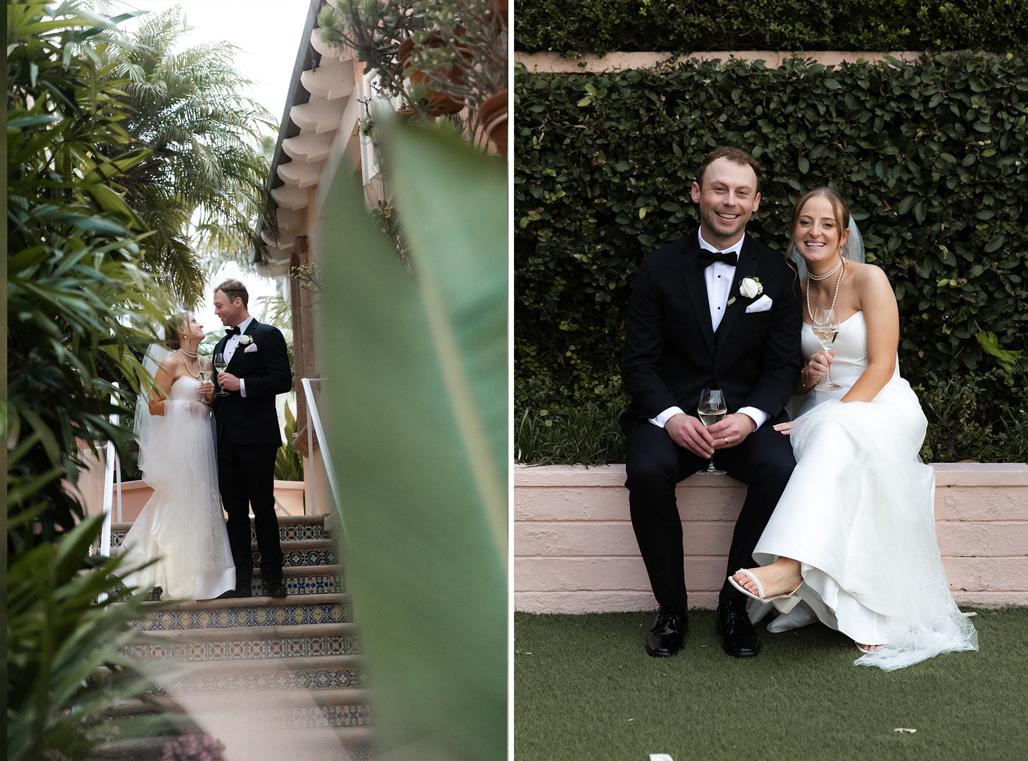 La Jolla wedding in San Diego, California. San Diego wedding photography. Two photos of a couple drinking champagne and the other sitting together smiling.