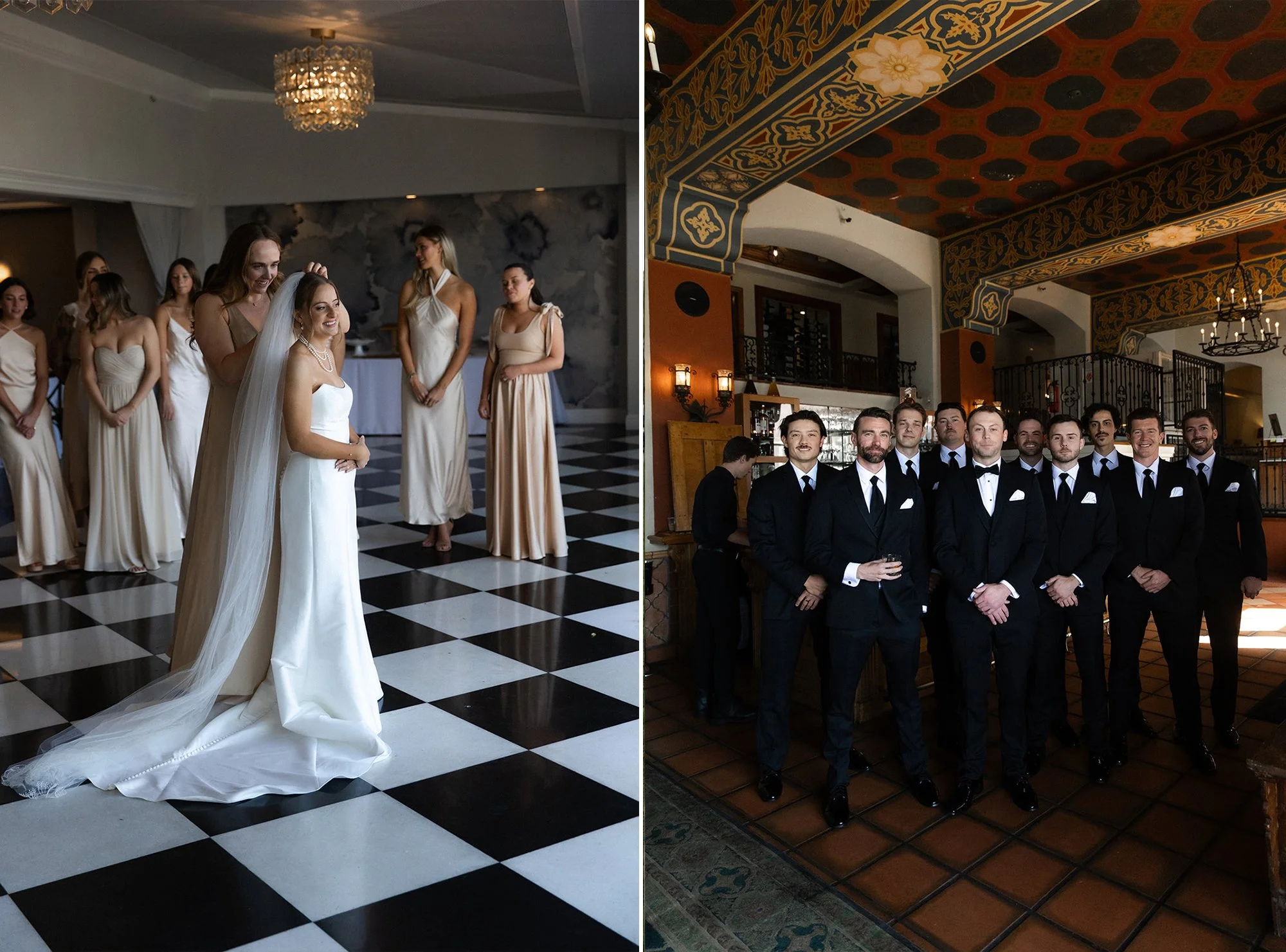 Two images, on left a bride is having her wedding veil put on by her maid of honor, on right the groom stands with his grooms men in a beautufiul room at La Valencia in La Jolla.