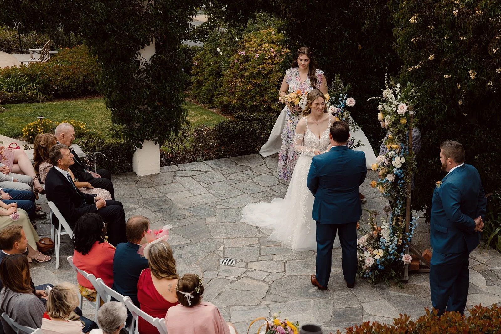 Photo shot from a above of a San Diego wedding ceremony at The Thursday Club in Point Loma.