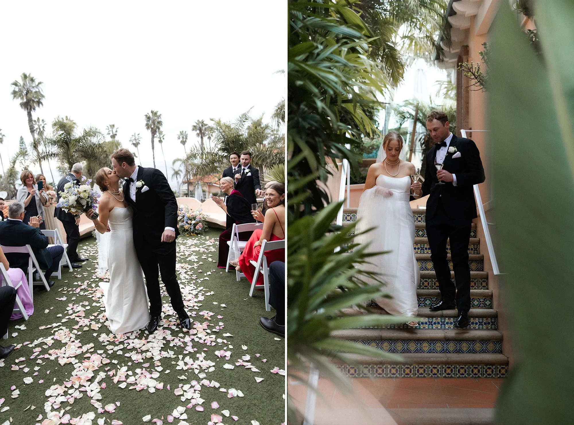 Two pictures, on left a couples kisses in the isle of their wedding ceremony at La Valencia in La Jolla, on the right the couple holds glasses of champagne and walks down scenic steps at La Valencia resort in San Diego.
