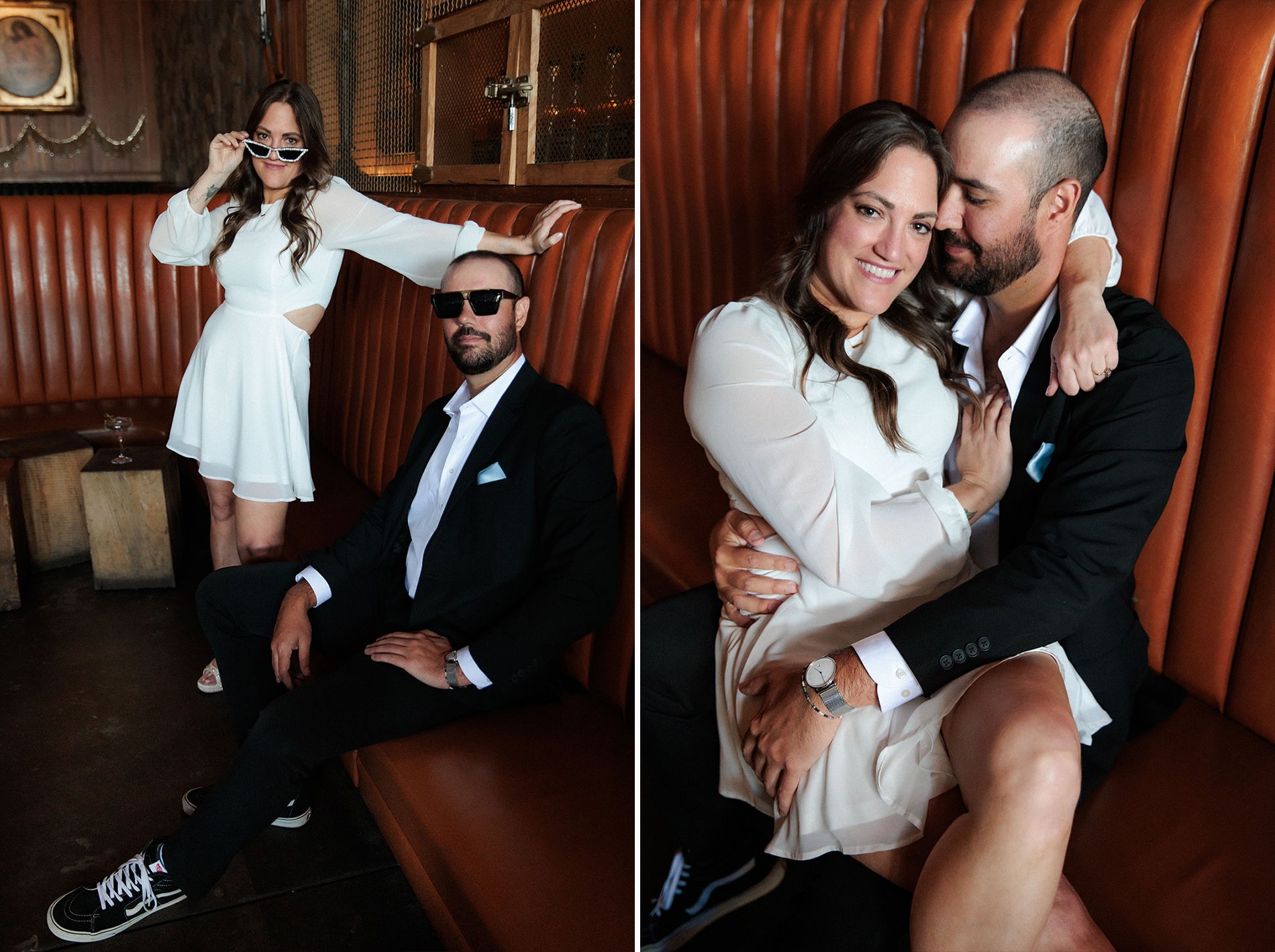 San Diego engagement photo session in a bar, couple cuddling in a booth and smiling.