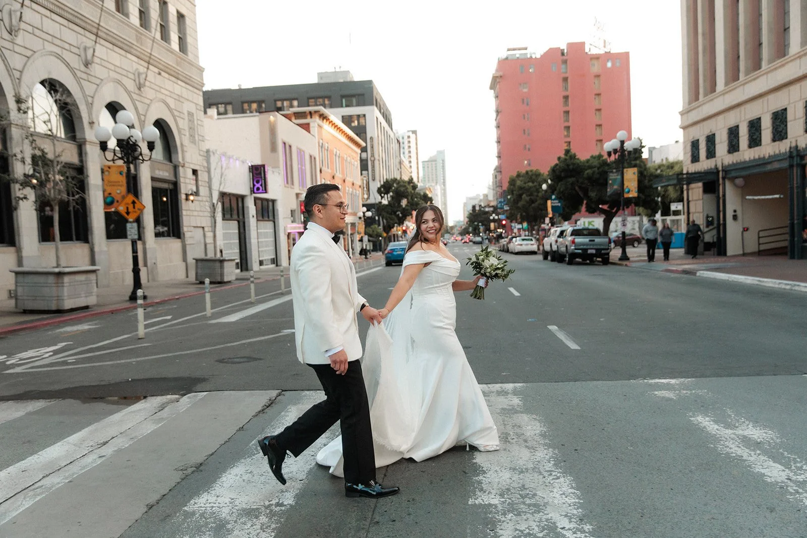 Couple walks in Gaslamp for their San Diego elopement.