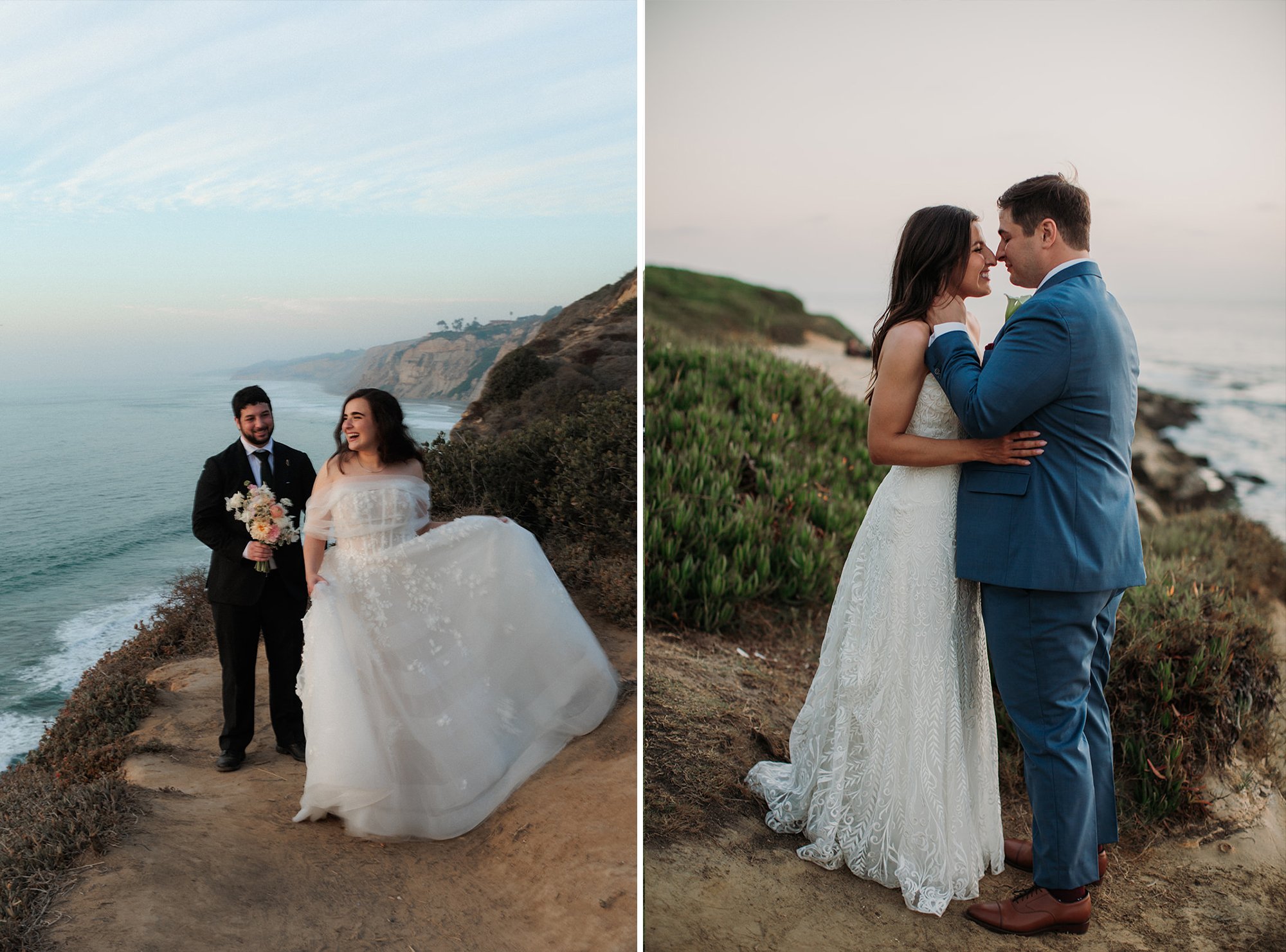 Two photos of couples sharing a candid moment during sunset. San Diego beach wedding photos.