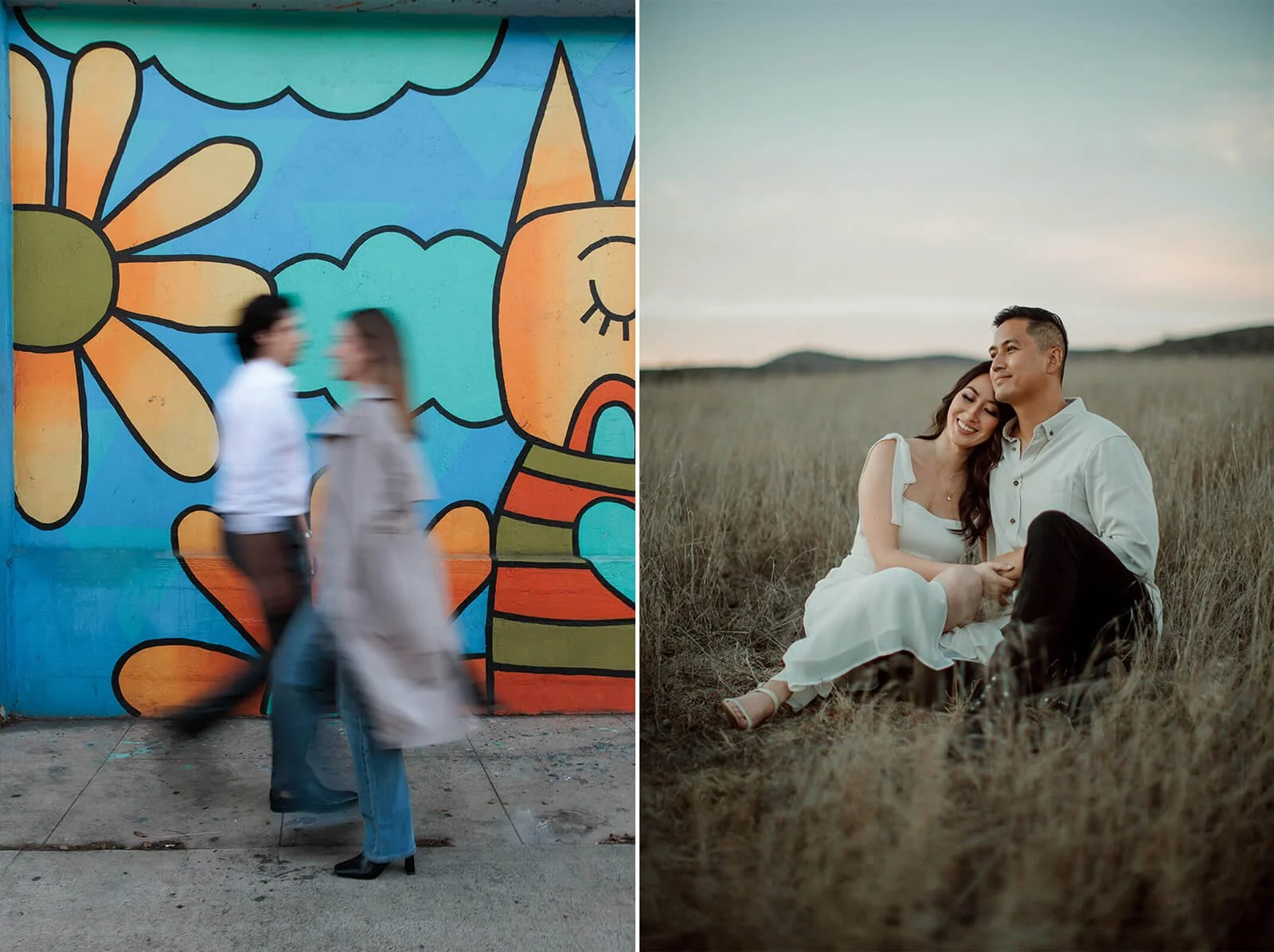 San Diego engagement photos of two couples, one in downtown and another in a field.