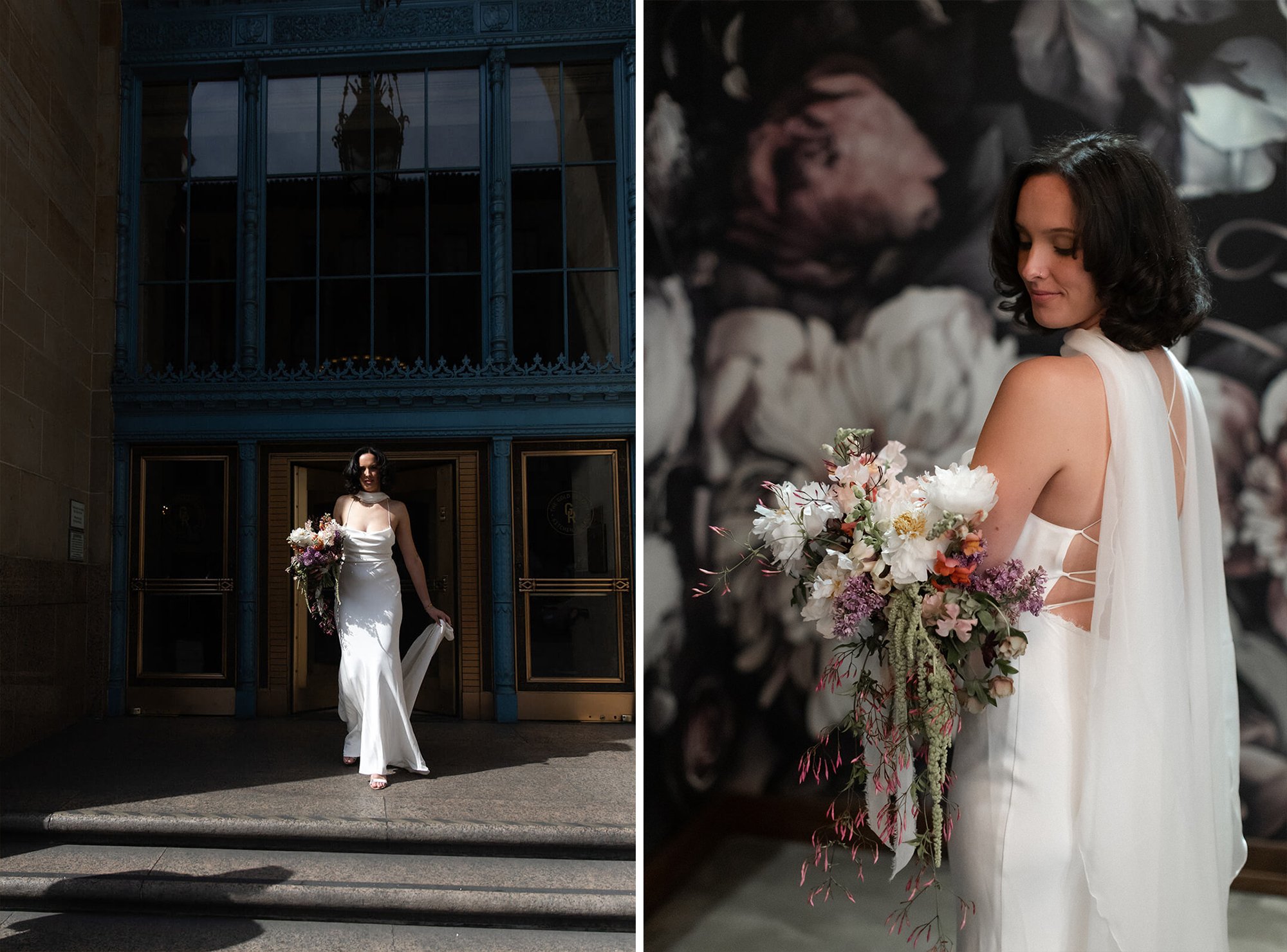 Two photographs, on left is a San Diego bride inside Flora and walking out of her Gaslamp Quarters hotel. On right the bride is standing inside the bridal suite at Flora the Venue.