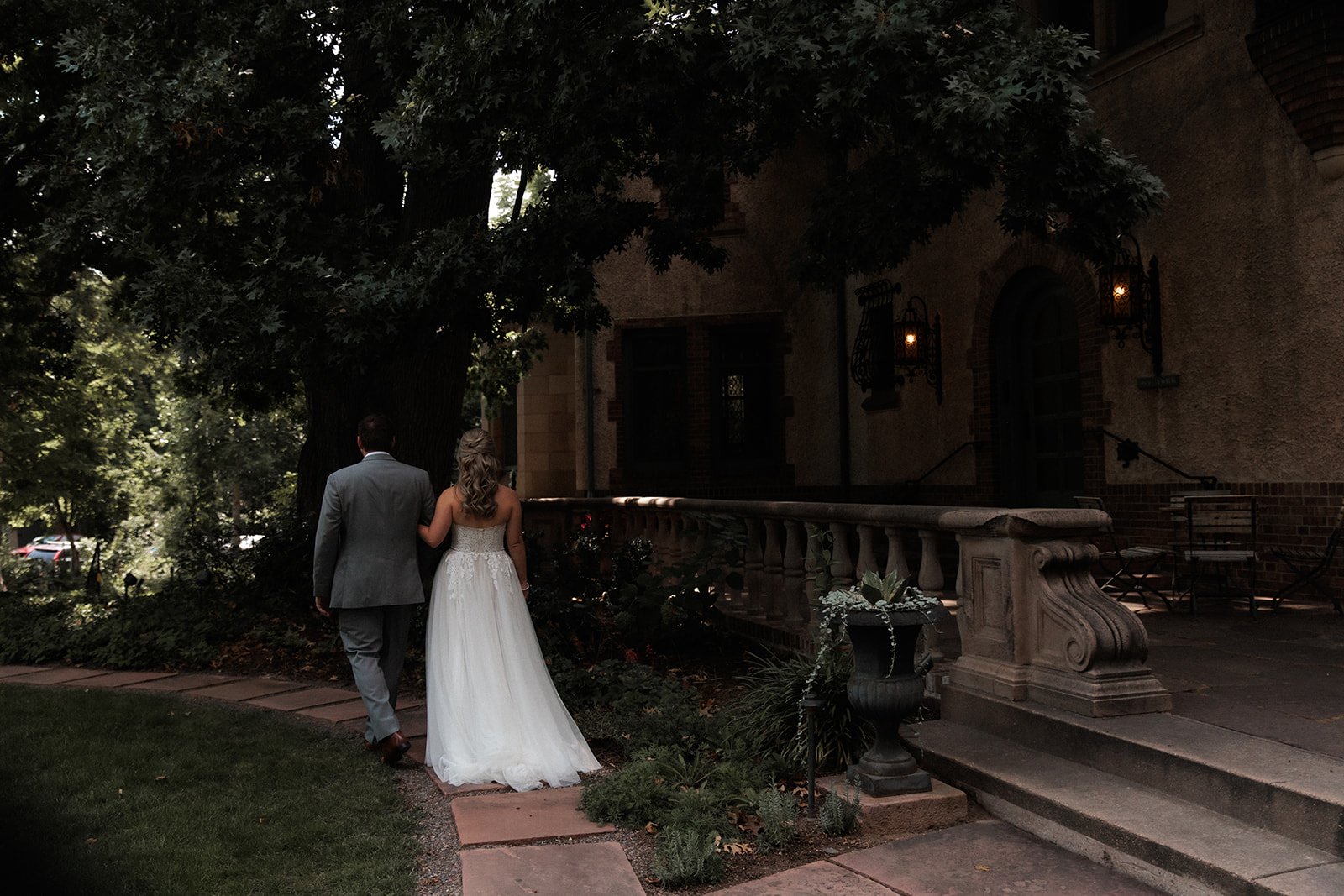 San Diego wedding photography, couple walks through park.