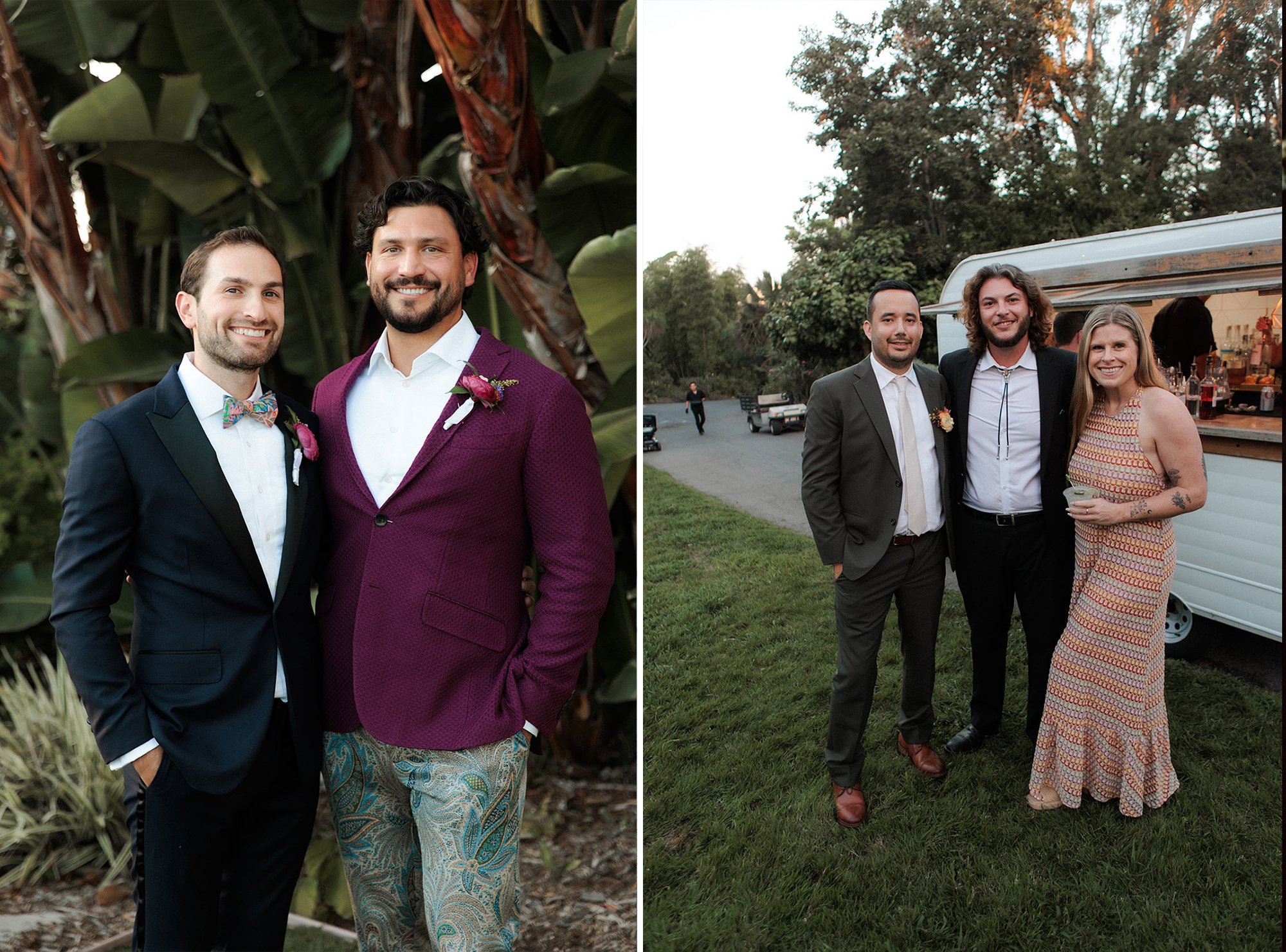 San Diego Botanical Garden wedding photography photos. On left two grooms stand in front of green plants. On right weddings guests are getting drinks from the pop up bar at wedding reception.