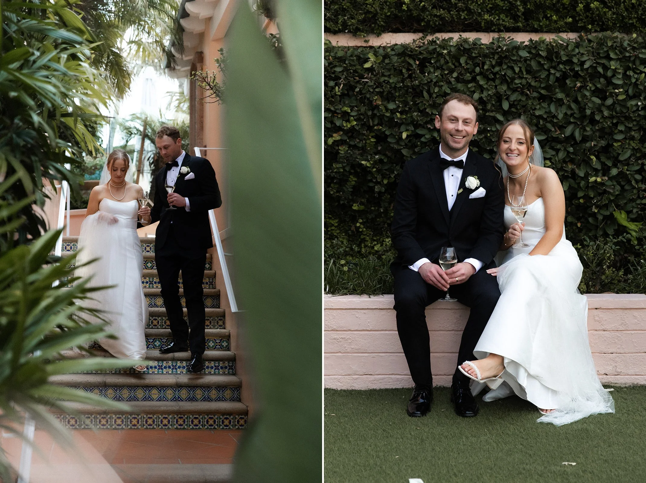 Bride and groom sit together and smile while holding champagne glasses after their wedding ceremony at La Valencia in La Jolla.