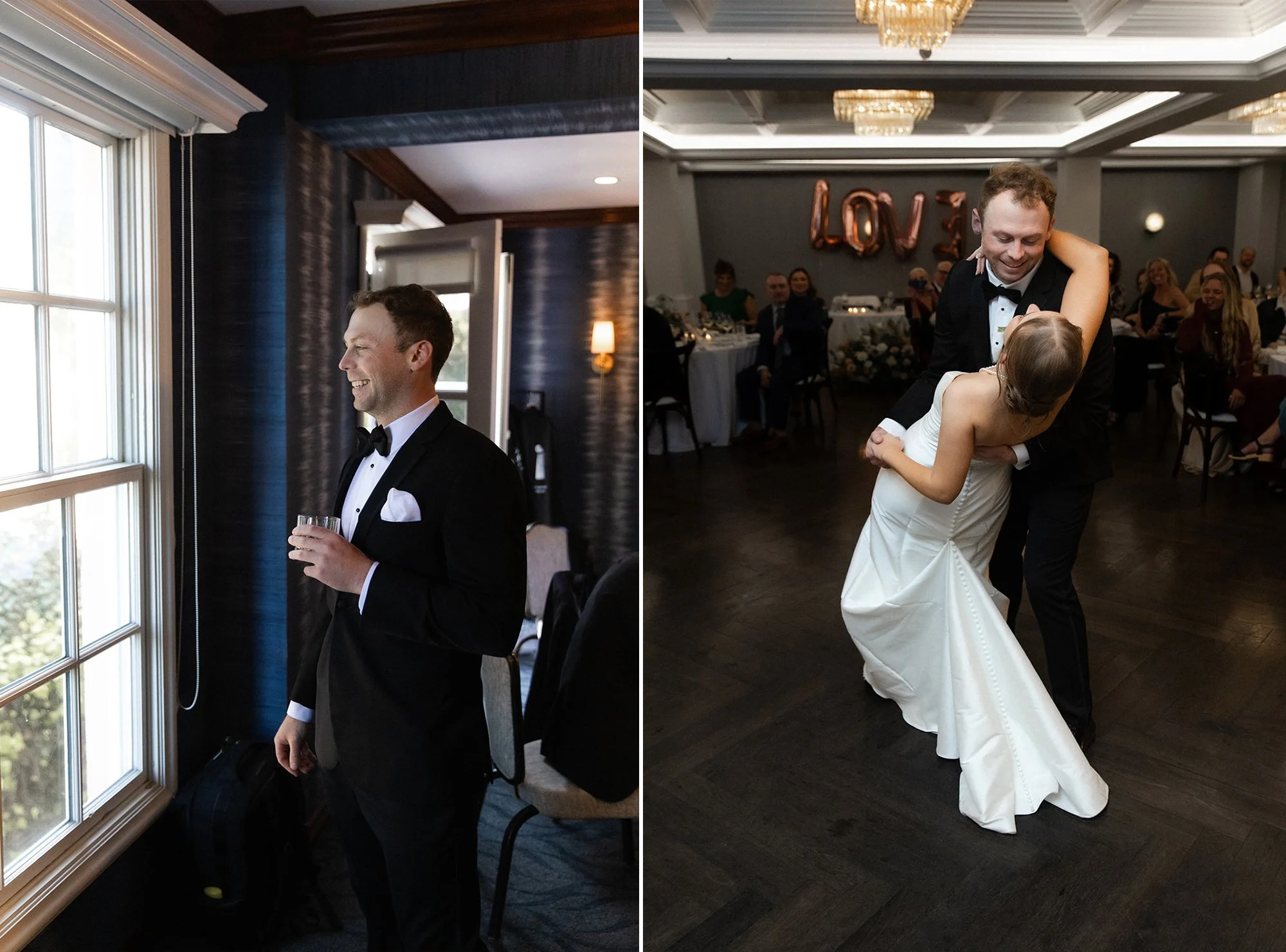 Two photos, on left a groom is getting ready in his hotel room at La Valencia in La Jolla, on the right groom dips his bride during their first dance at their La Valencia wedding in La Jolla.
