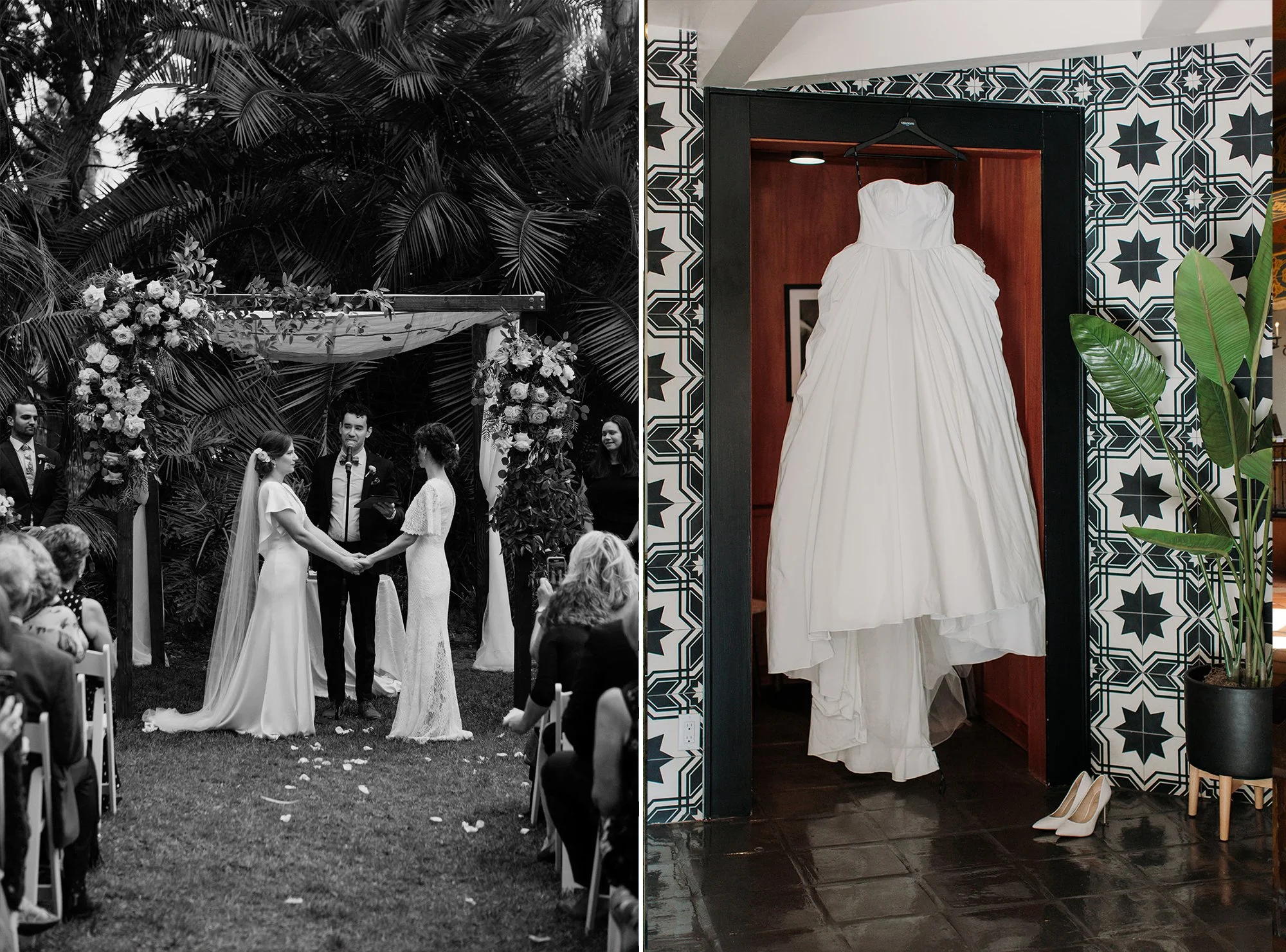 Two images, on left two brides hold hands at their San Diego wedding ceremony, on right a beautiful wedding dress hangs from a wall.