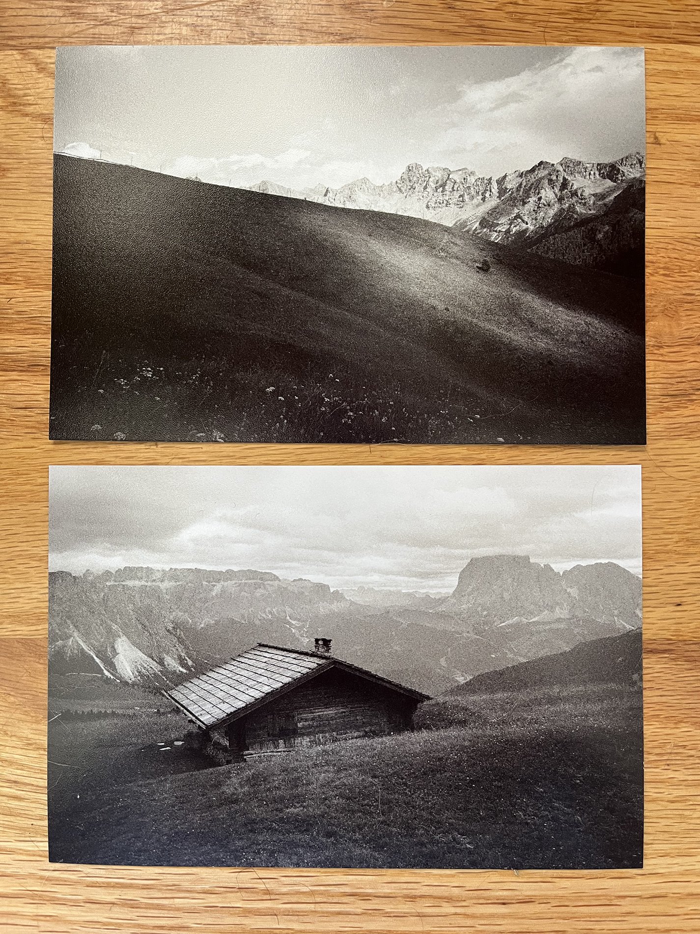 Black and whit photos of mountains in the Dolomites region of Italy.