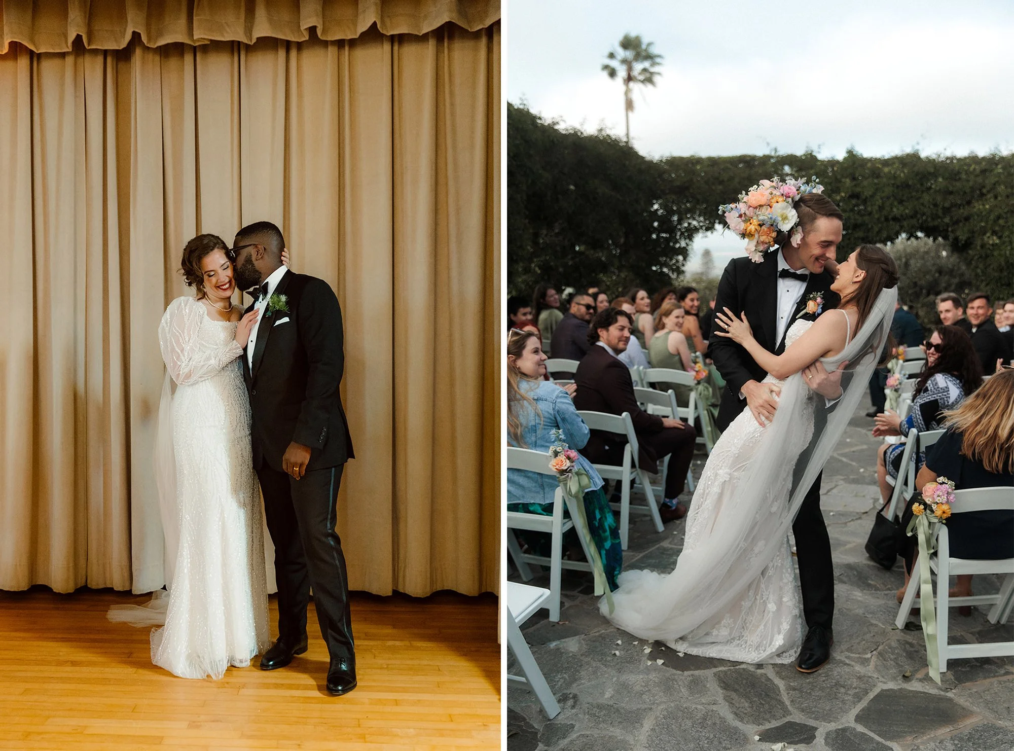 Two photographs side by side. On left the groom kisses his bride on the historic stage in the ballroom of The Thursday Club.  On right a groom dips his bride for their wedding exit at Thursday Club in Point Loma.