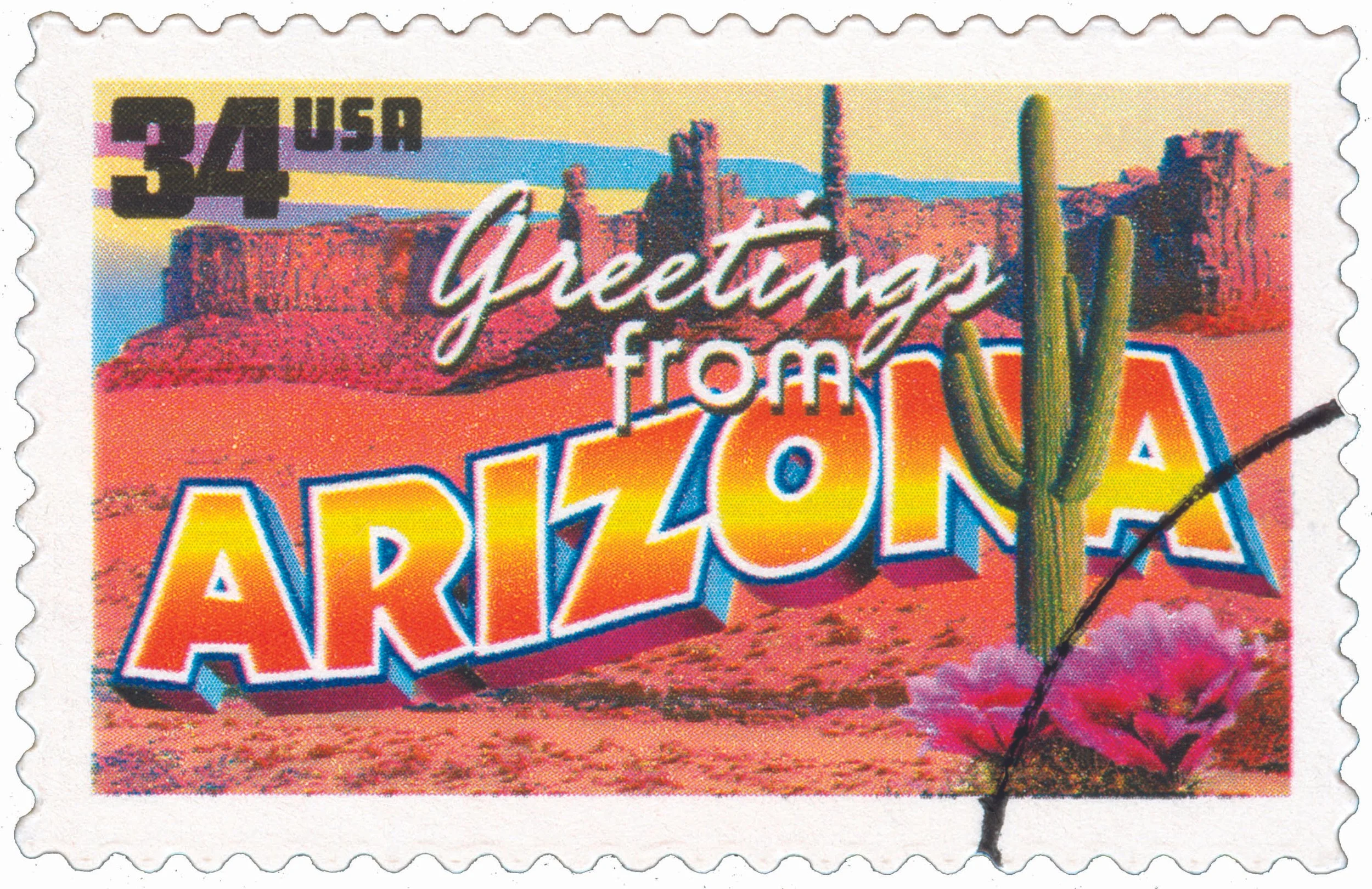 A colorful postage stamp featuring a desert landscape with rock formations, a cactus, and a pink flower, with text that reads 'Greetings from Arizona' and a value of 34 cents.