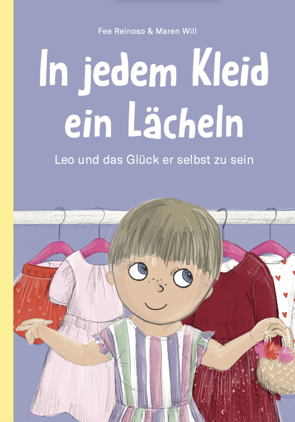 Buchcover mit einer lachenden Kinderfigur vor einem Kleiderständer mit verschiedenen Kleidungsstücken in hellen Farben.