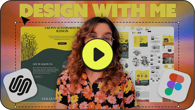 YouTube thumbnail image of a Jen Webb Design With Me video, featuring a colorful mushroom website made in Squarespace and designed in Figma