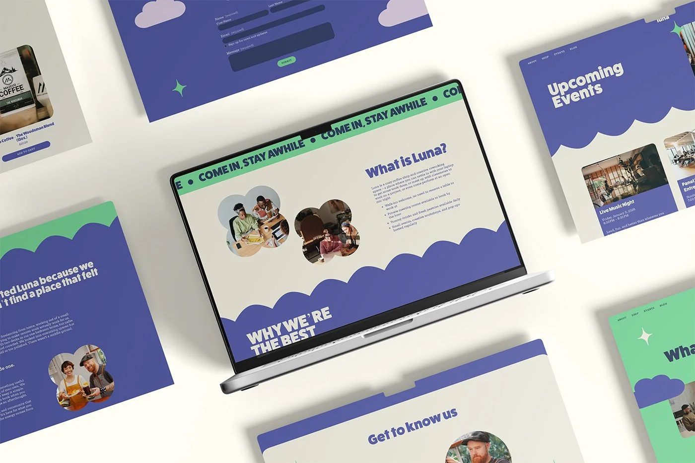 Multiple floating Squarespace template designs with blue, green, and purple color schemes featuring cloud shapes and star graphics