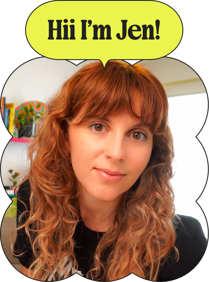A woman with curly red hair and a nose piercing smiling at the camera, with a speech bubble above her head saying, 'Hii I'm Jen!'