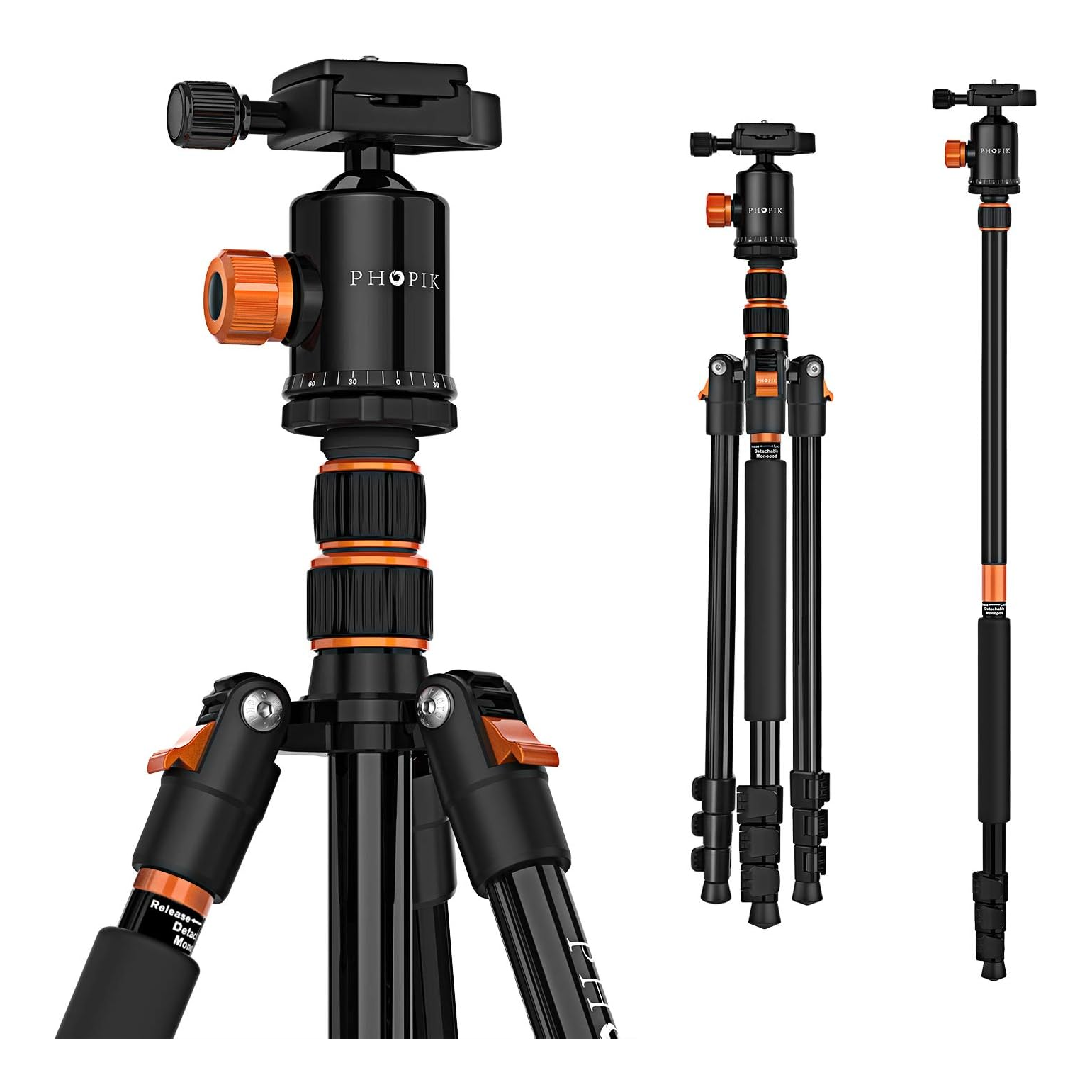 Set of three black and orange camera tripods of different sizes against a white background.