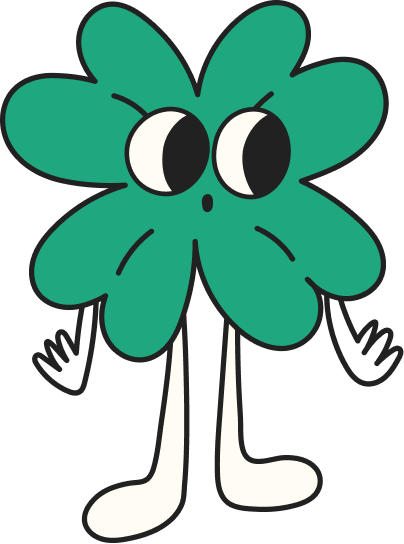 Cartoon four-leaf clover with eyes, legs, and a small nose.