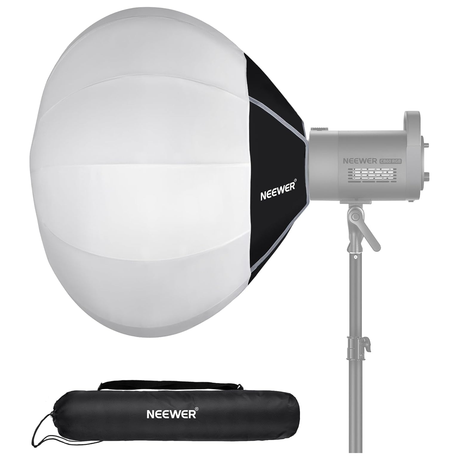 Large white softbox attached to a photography studio light on a stand and a black carrying case