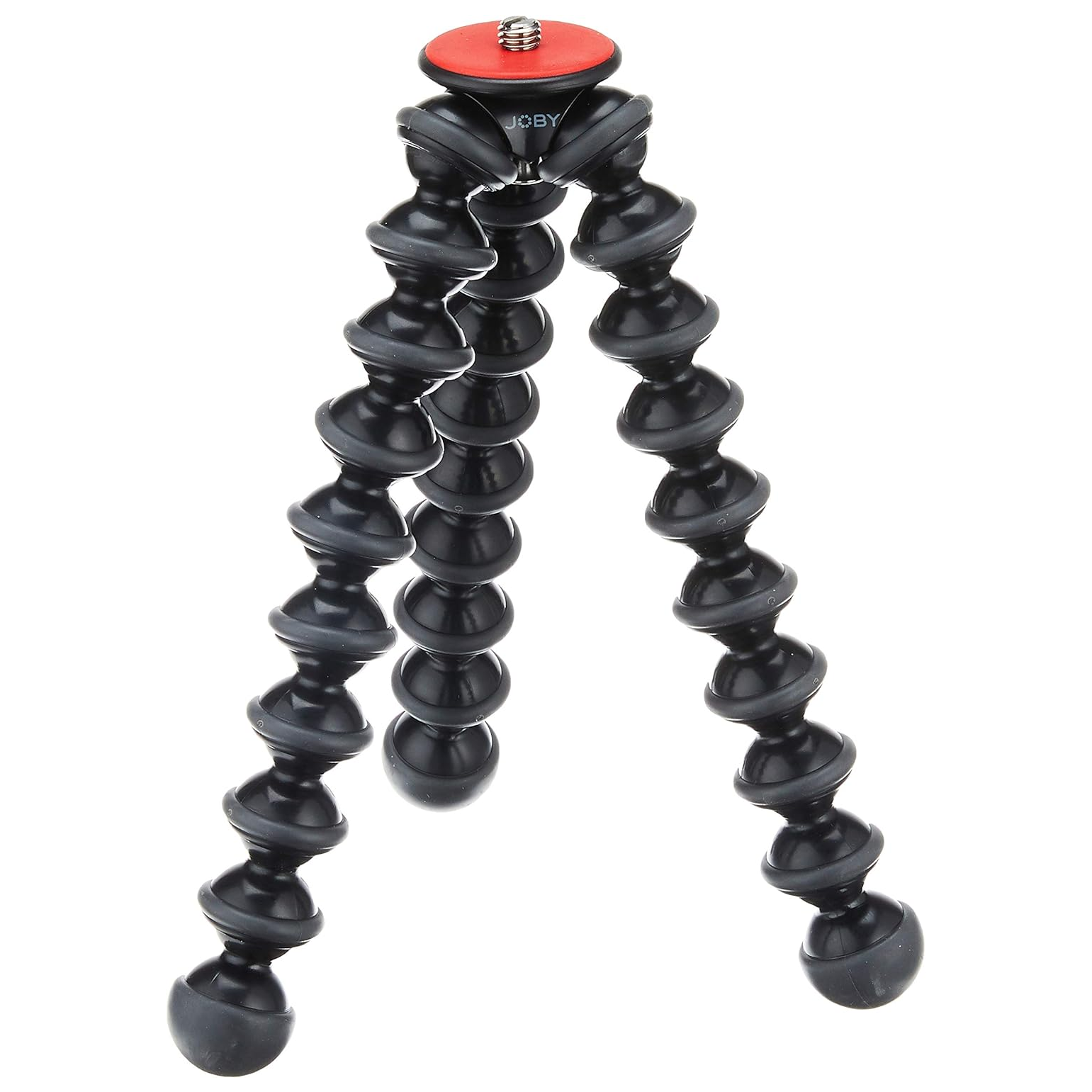A flexible black tripod with rounded legs and a red base at the top, used for camera or phone mounting.