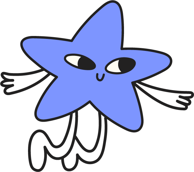 Cartoon blue starfish with eyes, a small smiling mouth, and outstretched arms.