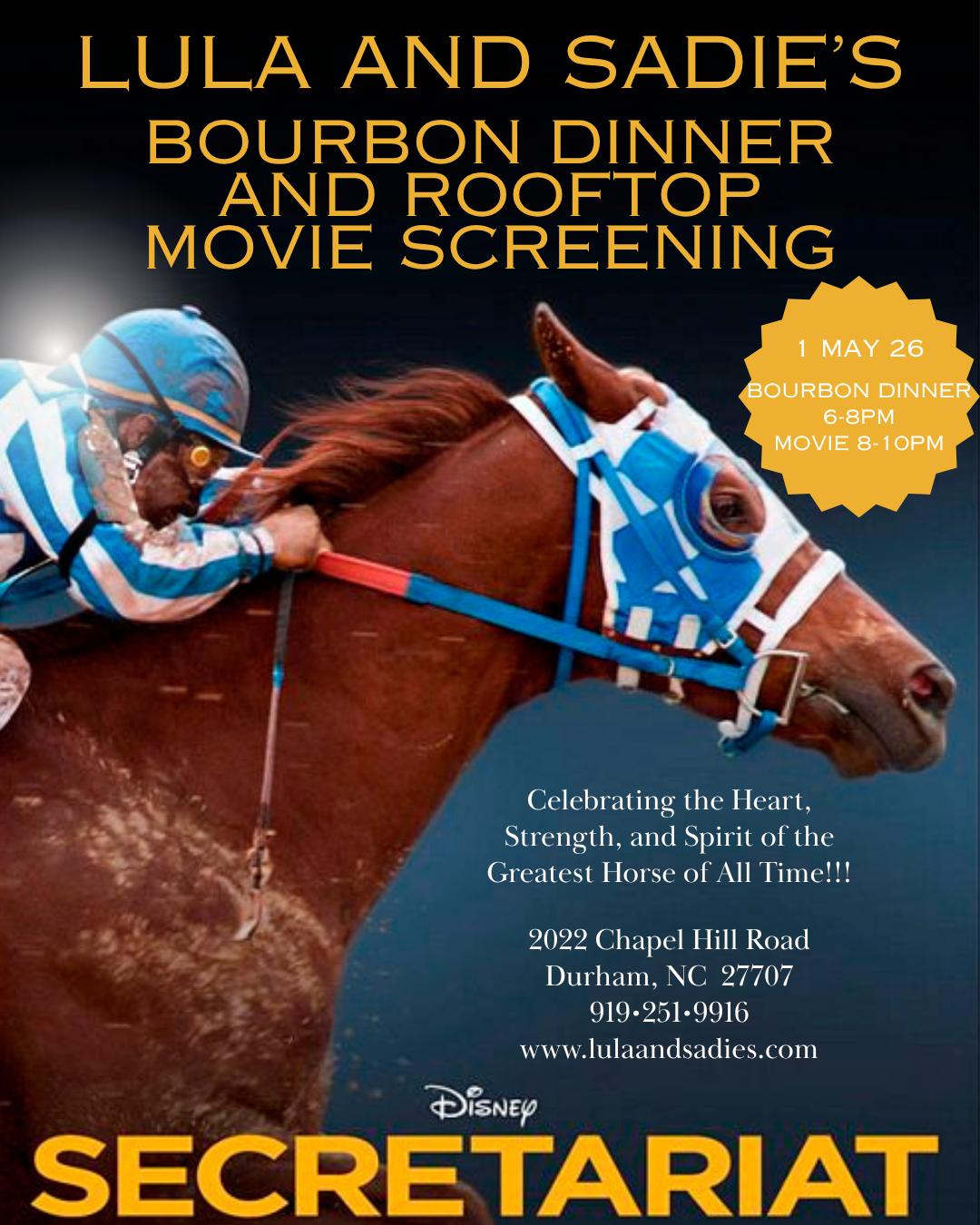 Lula and Sadie’s “Kentucky Derby Eve” Bourbon Dinner and Movie