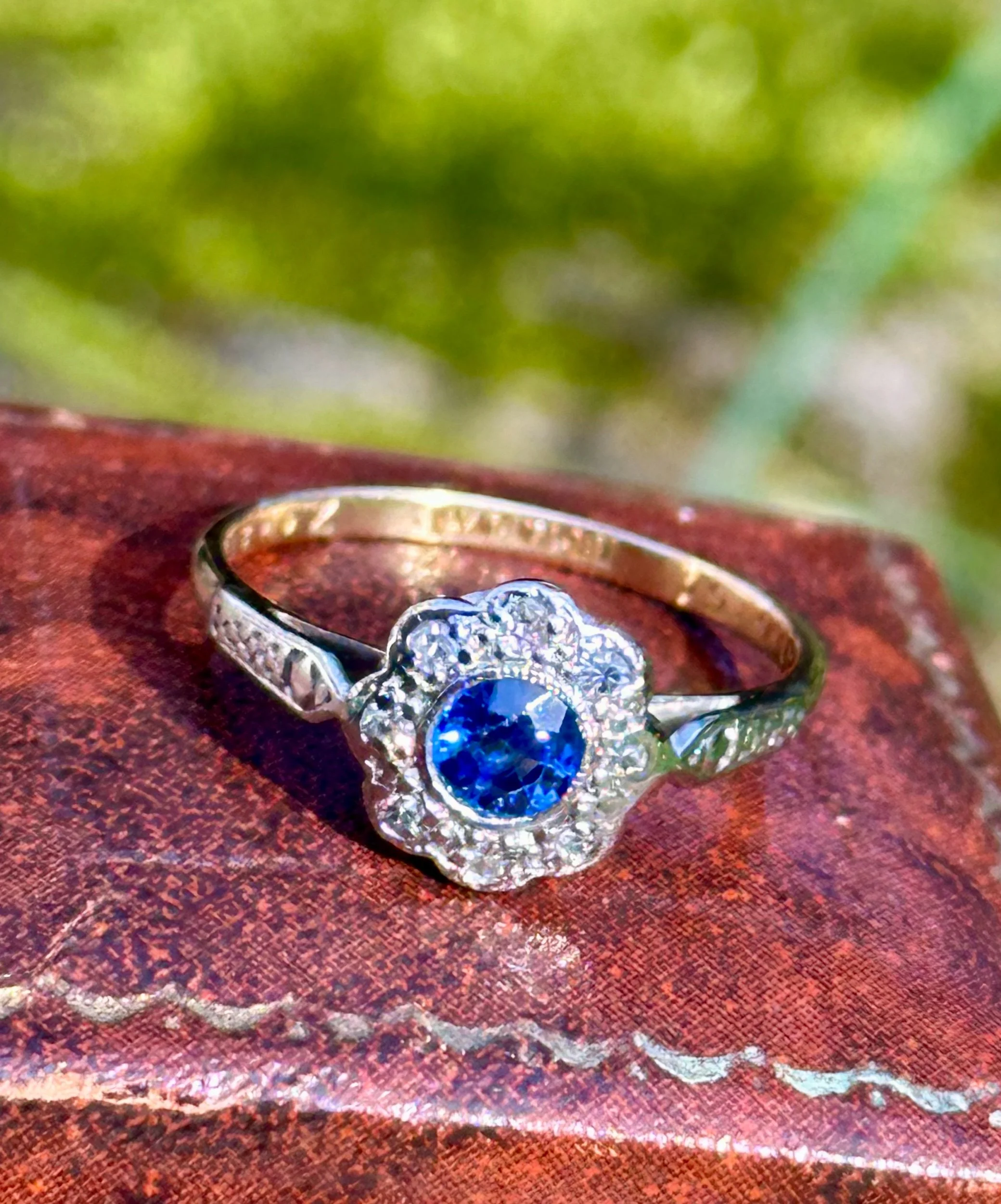 Edwardian 18ct Gold and Platinum Sapphire & Diamond Daisy Cluster Ring Size M