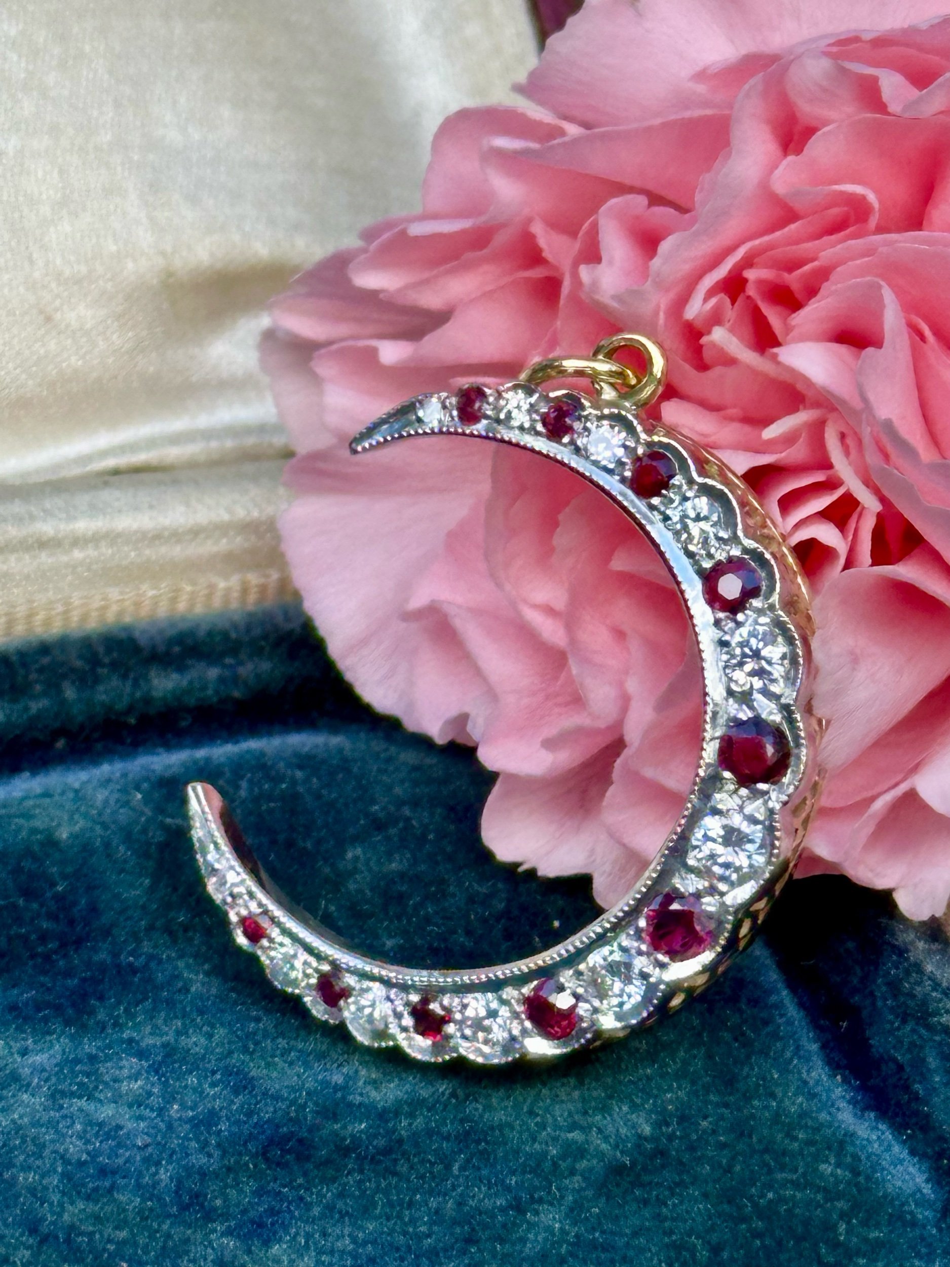 Antique 18ct Gold Ruby & Diamond Crescent Moon Pendant